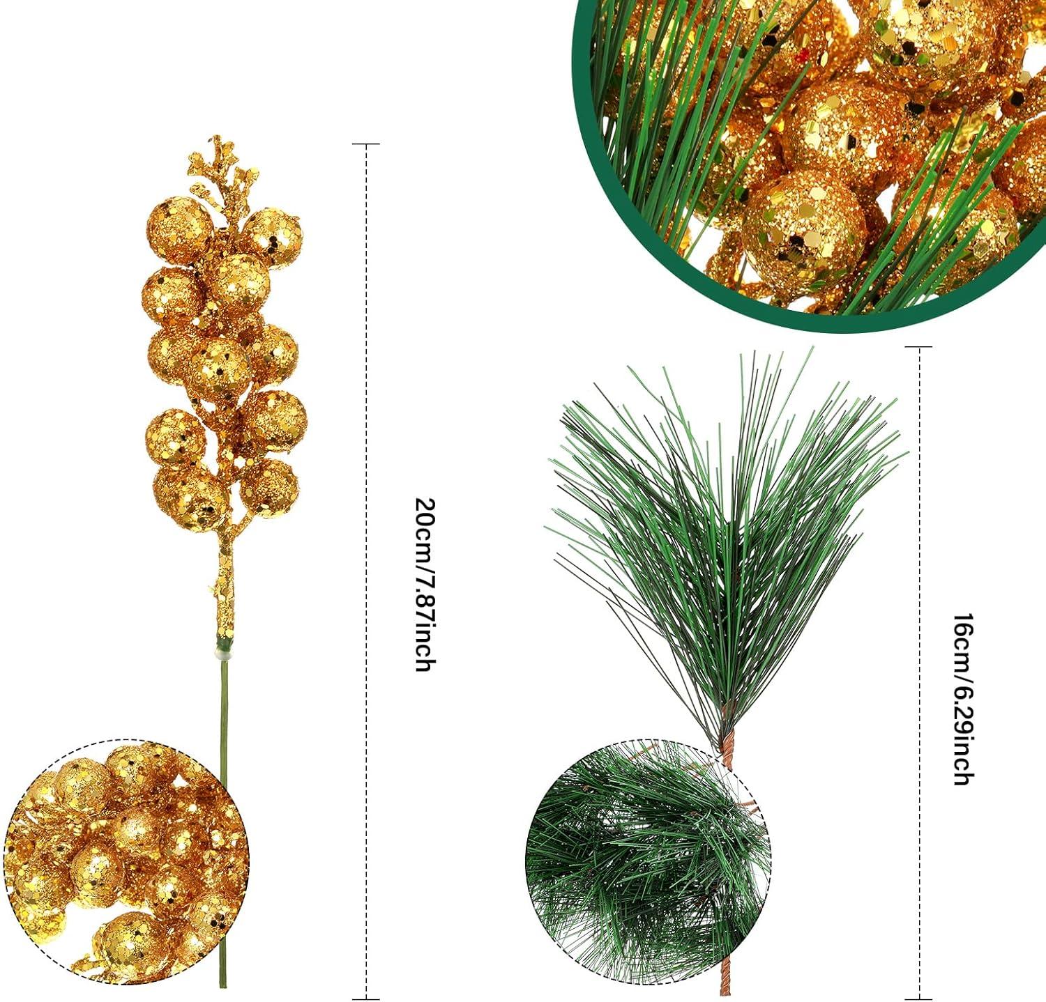 imageGeosar 24 Pieces Christmas Artificial Greenery Pine Branches Small Holly Artificial Berries Picks Bulk for Crafts Wreath Decorations Xmas Tree Party Gift for Christmas Holiday Decor RedGold