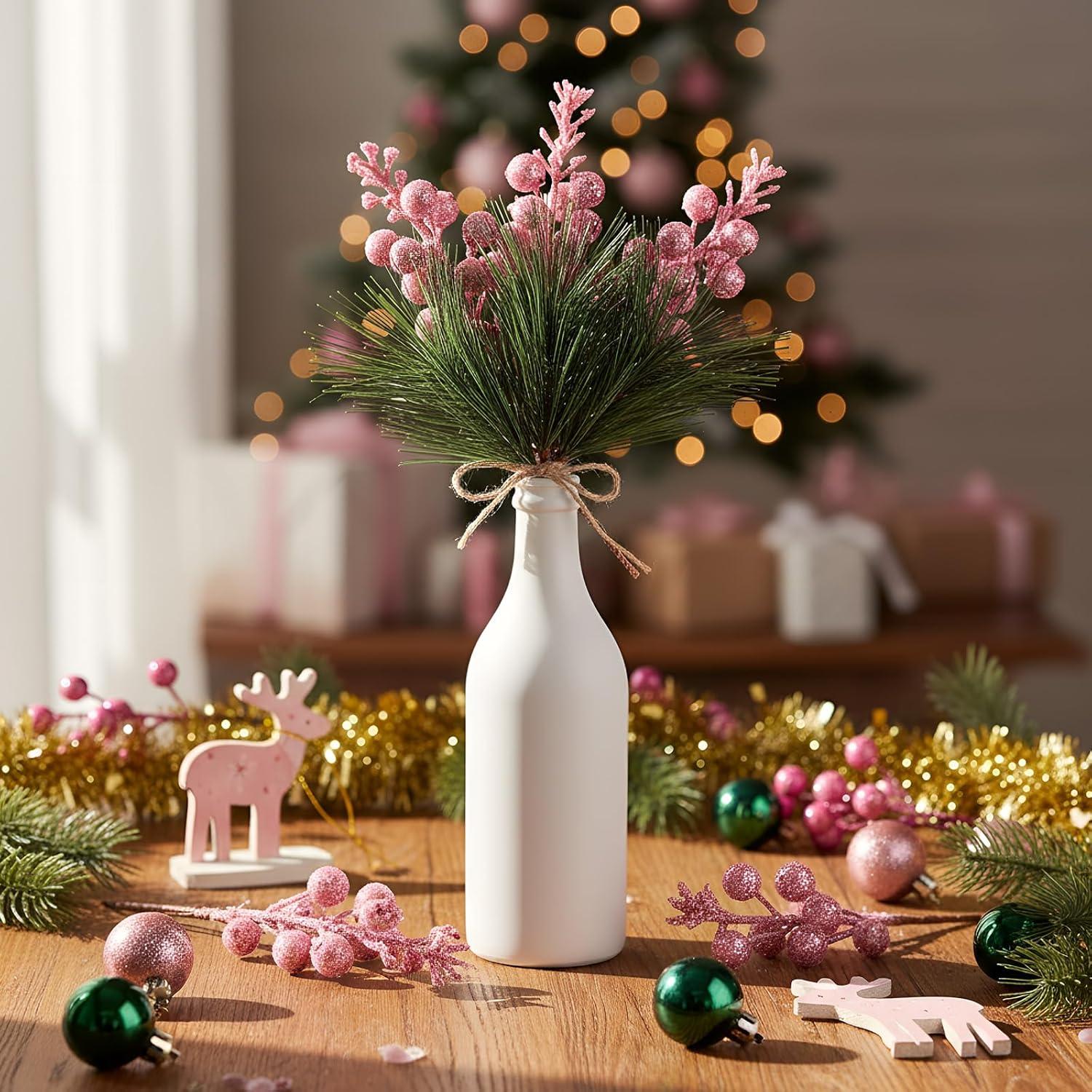 imageGeosar 24 Pieces Christmas Artificial Greenery Pine Branches Small Holly Artificial Berries Picks Bulk for Crafts Wreath Decorations Xmas Tree Party Gift for Christmas Holiday Decor RedPink