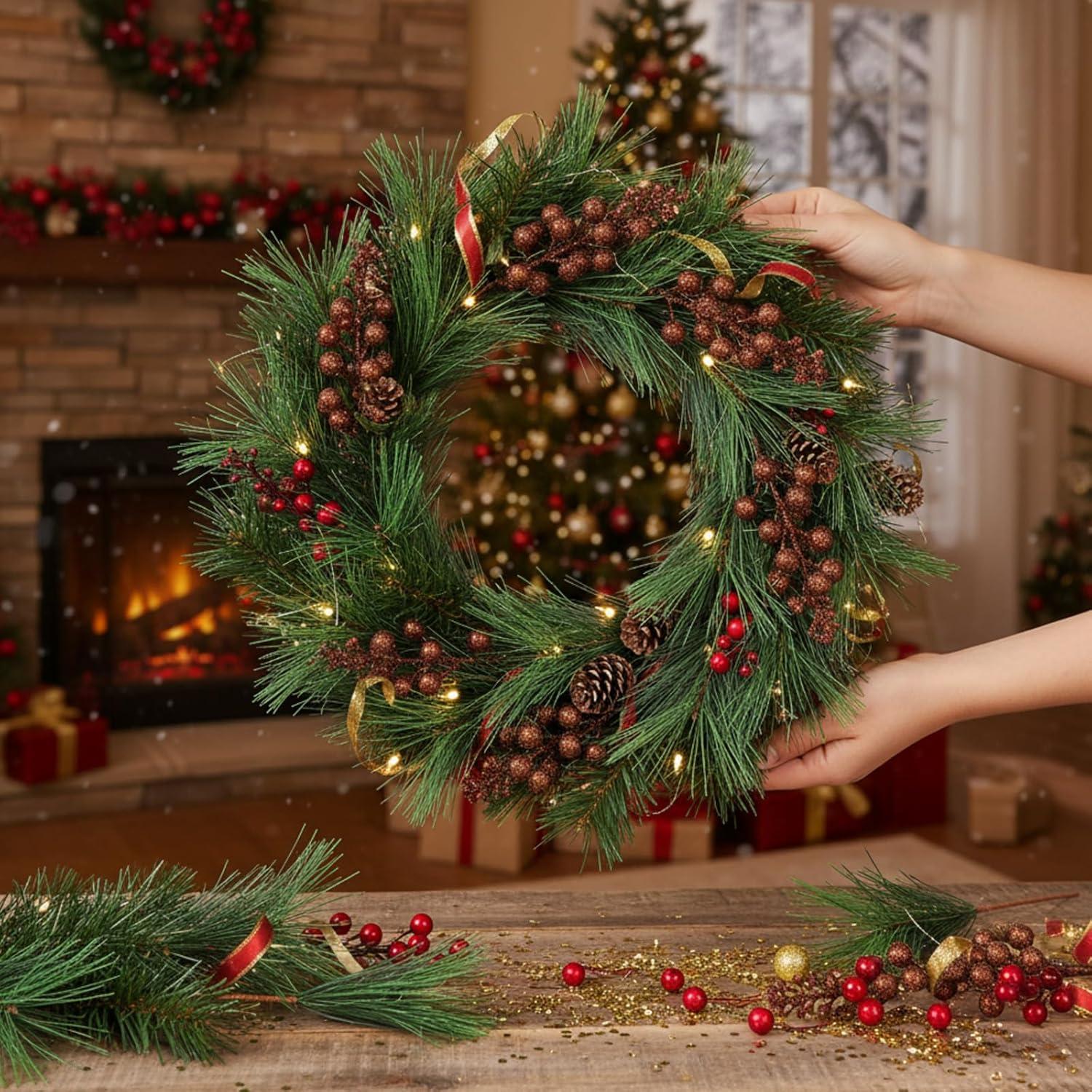 imageGeosar 24 Pieces Christmas Artificial Greenery Pine Branches Small Holly Artificial Berries Picks Bulk for Crafts Wreath Decorations Xmas Tree Party Gift for Christmas Holiday Decor RedCopper