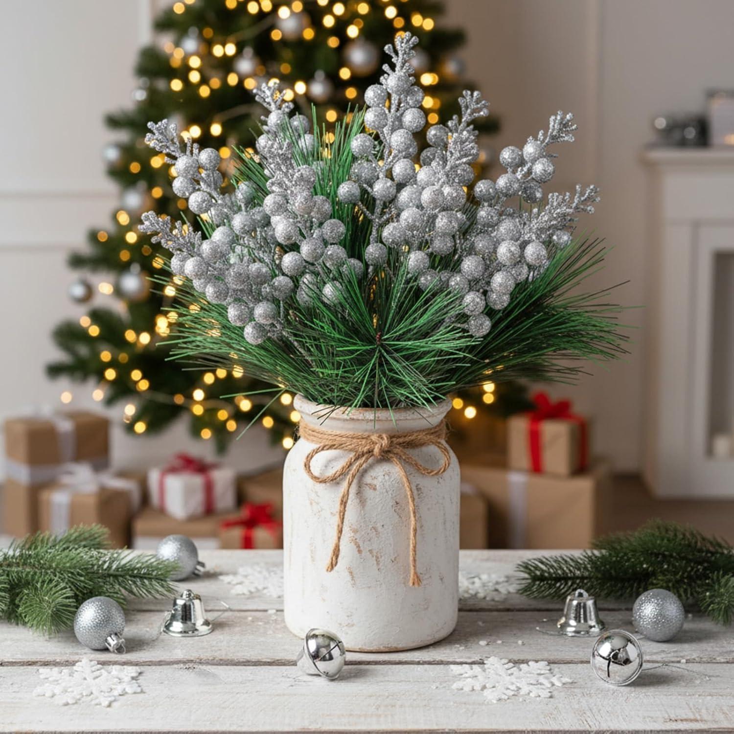 imageGeosar 24 Pieces Christmas Artificial Greenery Pine Branches Small Holly Artificial Berries Picks Bulk for Crafts Wreath Decorations Xmas Tree Party Gift for Christmas Holiday Decor RedSilver