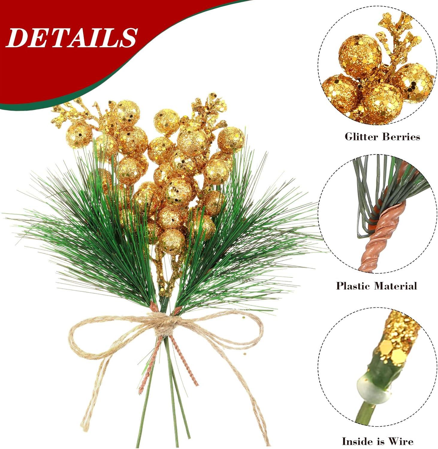 imageGeosar 24 Pieces Christmas Artificial Greenery Pine Branches Small Holly Artificial Berries Picks Bulk for Crafts Wreath Decorations Xmas Tree Party Gift for Christmas Holiday Decor RedGold