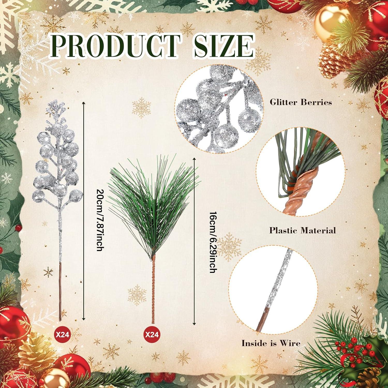 imageGeosar 24 Pieces Christmas Artificial Greenery Pine Branches Small Holly Artificial Berries Picks Bulk for Crafts Wreath Decorations Xmas Tree Party Gift for Christmas Holiday Decor RedSilver