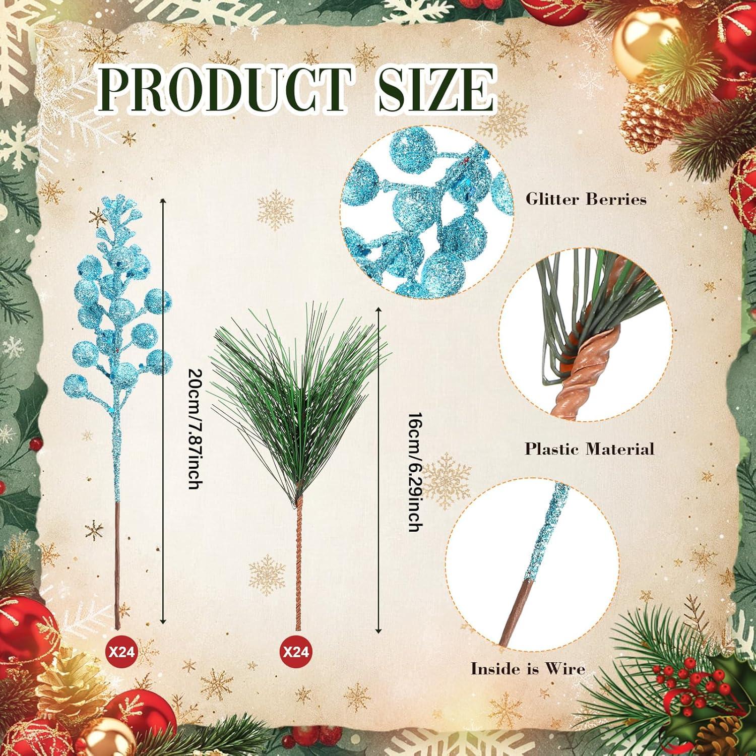 imageGeosar 24 Pieces Christmas Artificial Greenery Pine Branches Small Holly Artificial Berries Picks Bulk for Crafts Wreath Decorations Xmas Tree Party Gift for Christmas Holiday Decor RedBlue