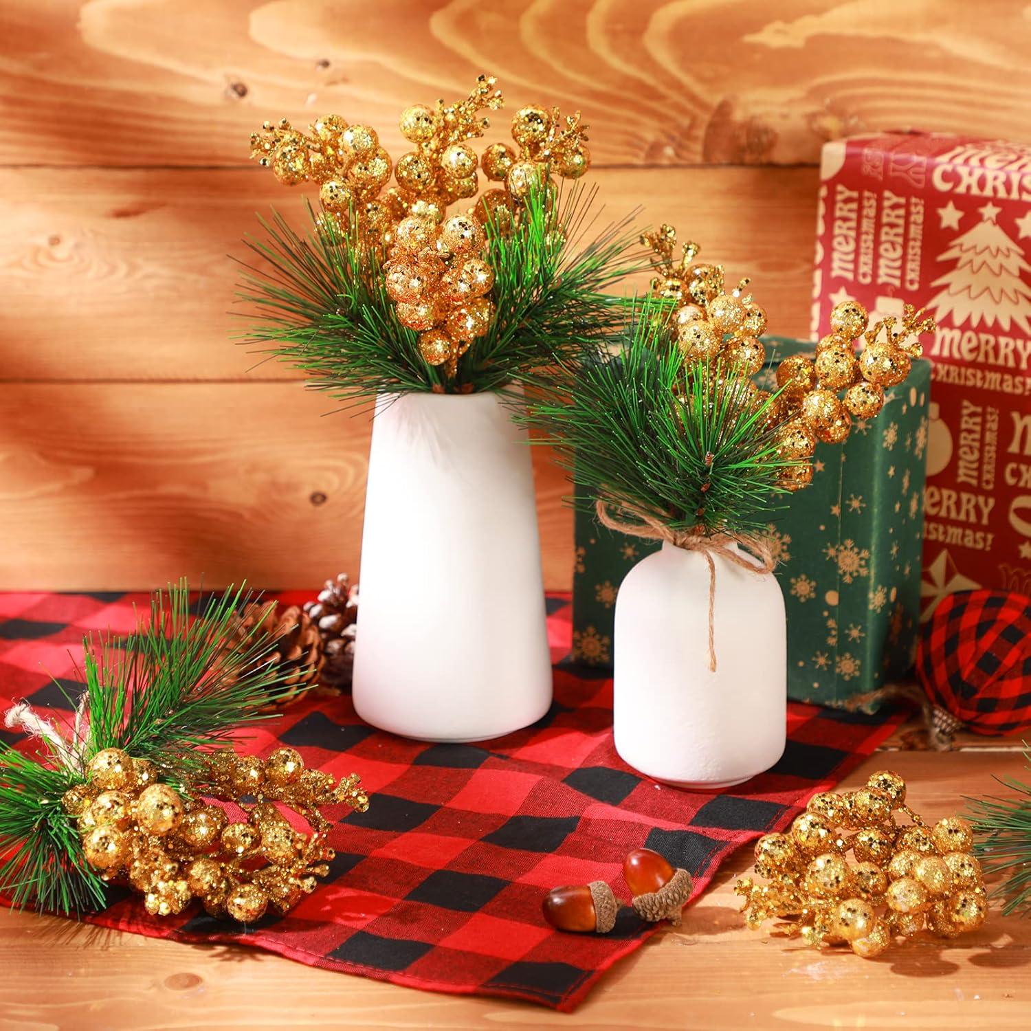 imageGeosar 24 Pieces Christmas Artificial Greenery Pine Branches Small Holly Artificial Berries Picks Bulk for Crafts Wreath Decorations Xmas Tree Party Gift for Christmas Holiday Decor RedGold