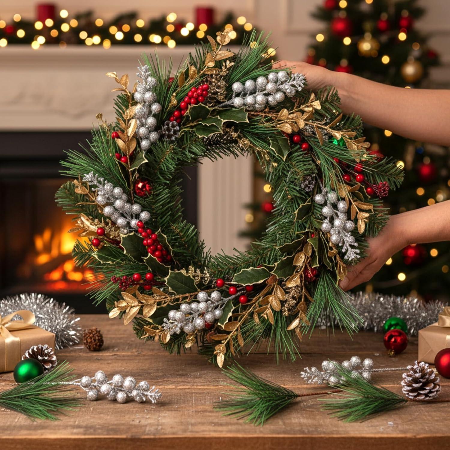 imageGeosar 24 Pieces Christmas Artificial Greenery Pine Branches Small Holly Artificial Berries Picks Bulk for Crafts Wreath Decorations Xmas Tree Party Gift for Christmas Holiday Decor RedSilver