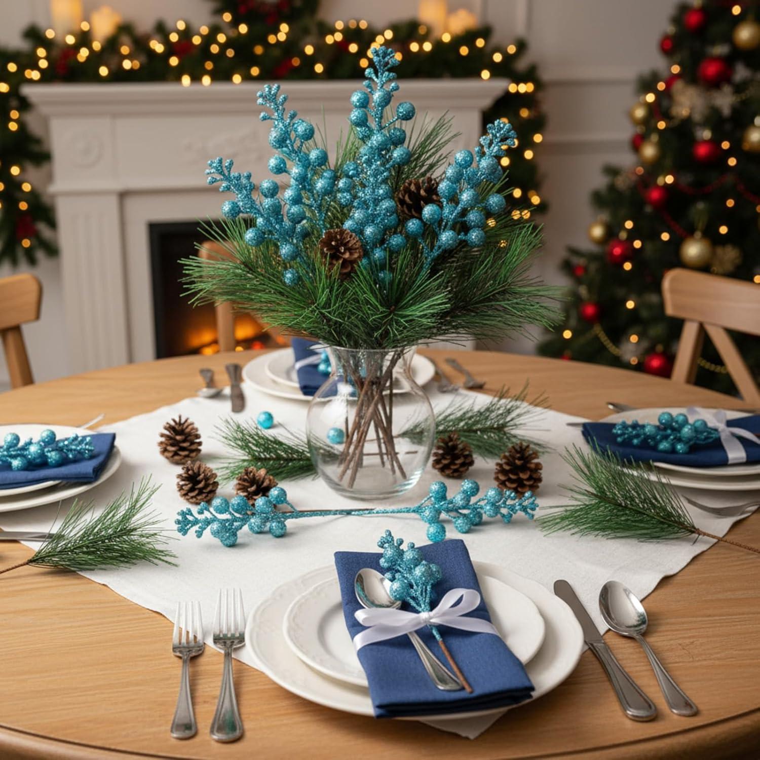 imageGeosar 24 Pieces Christmas Artificial Greenery Pine Branches Small Holly Artificial Berries Picks Bulk for Crafts Wreath Decorations Xmas Tree Party Gift for Christmas Holiday Decor RedBlue