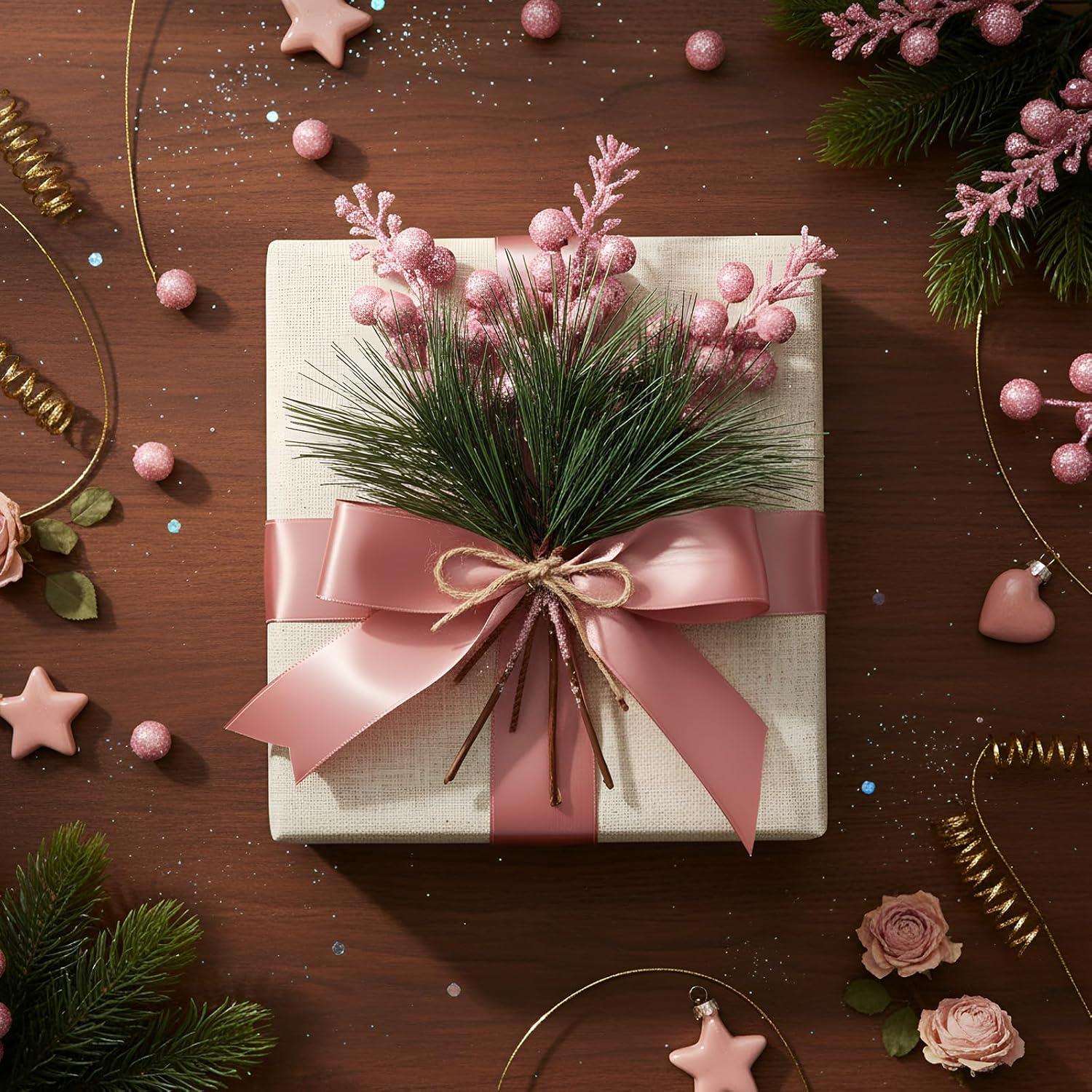 imageGeosar 24 Pieces Christmas Artificial Greenery Pine Branches Small Holly Artificial Berries Picks Bulk for Crafts Wreath Decorations Xmas Tree Party Gift for Christmas Holiday Decor RedPink