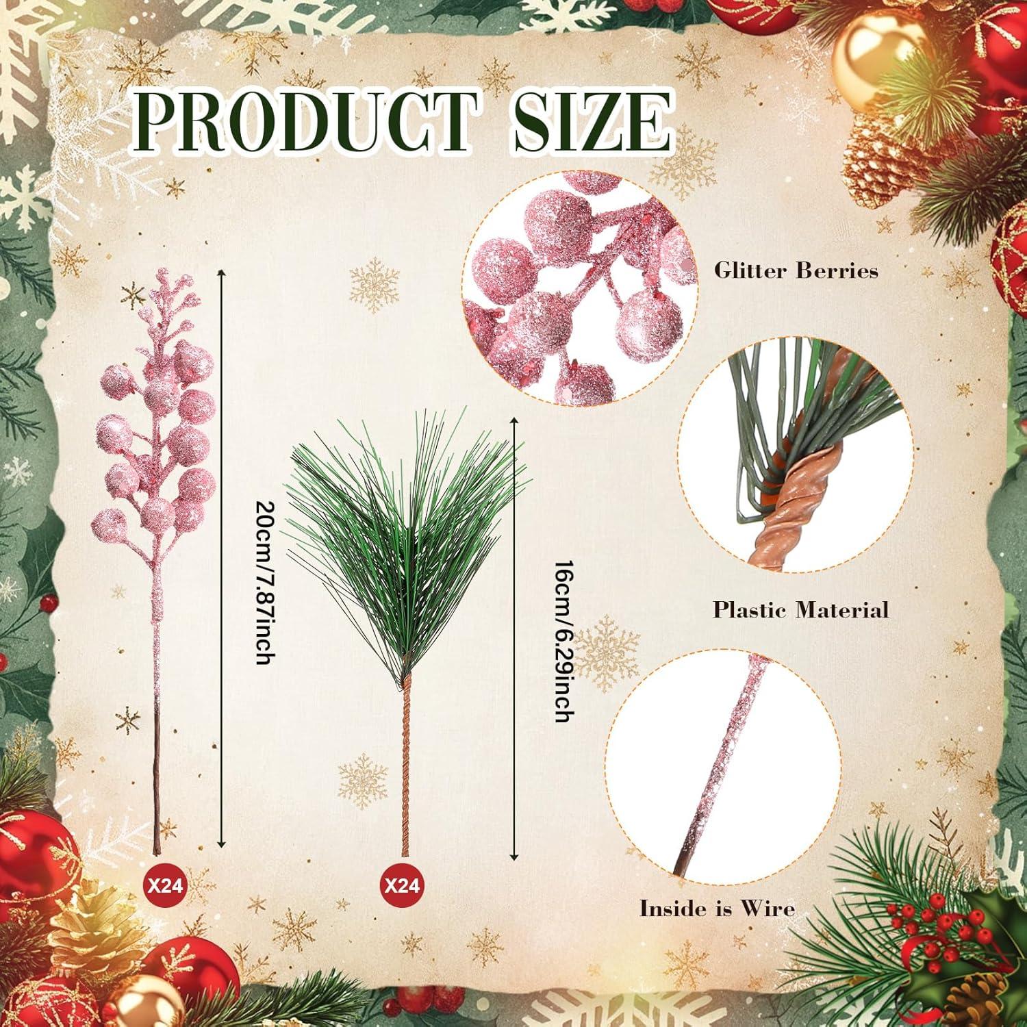 imageGeosar 24 Pieces Christmas Artificial Greenery Pine Branches Small Holly Artificial Berries Picks Bulk for Crafts Wreath Decorations Xmas Tree Party Gift for Christmas Holiday Decor RedPink