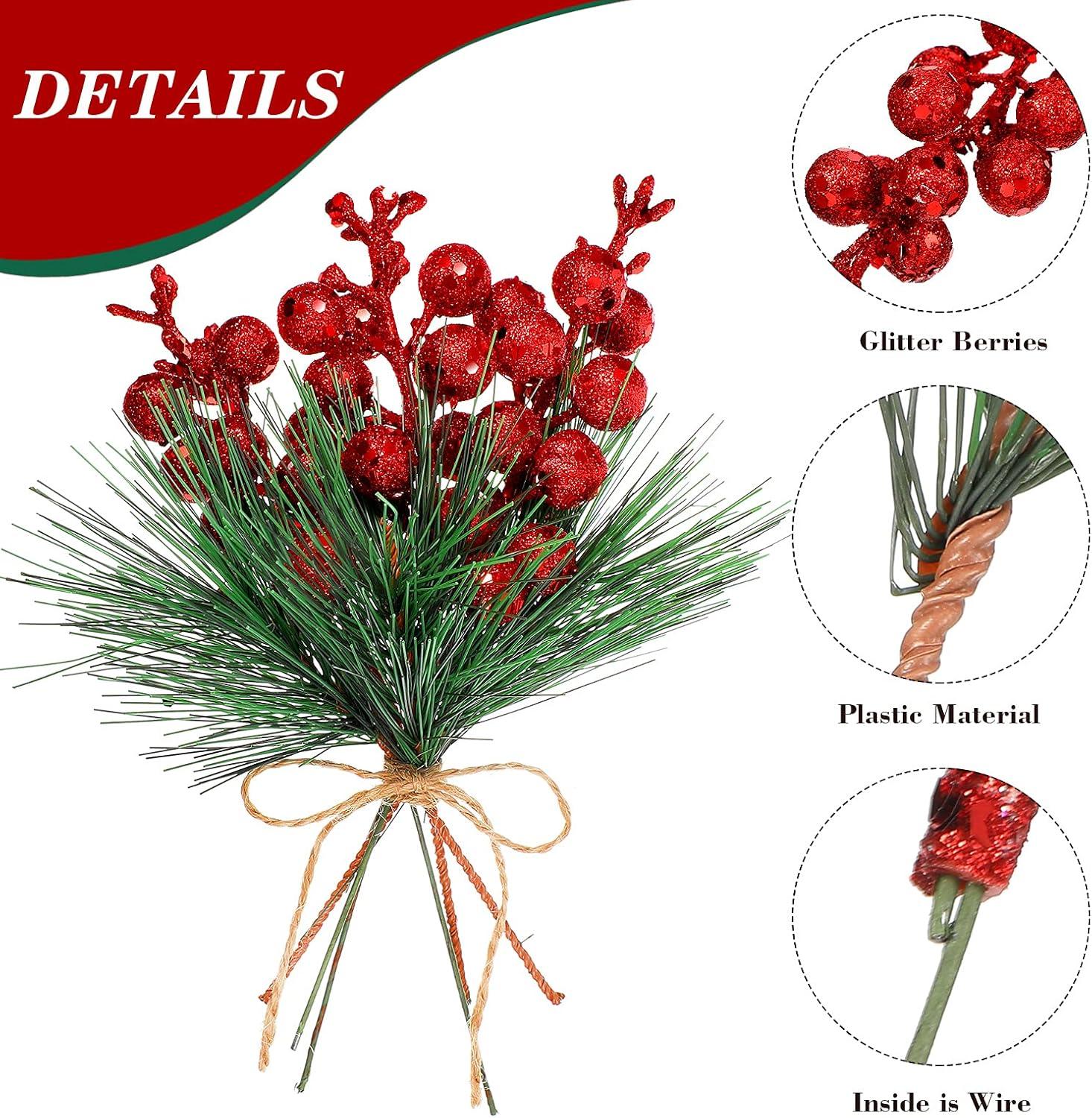 imageGeosar 24 Pieces Christmas Artificial Greenery Pine Branches Small Holly Artificial Berries Picks Bulk for Crafts Wreath Decorations Xmas Tree Party Gift for Christmas Holiday Decor RedRed