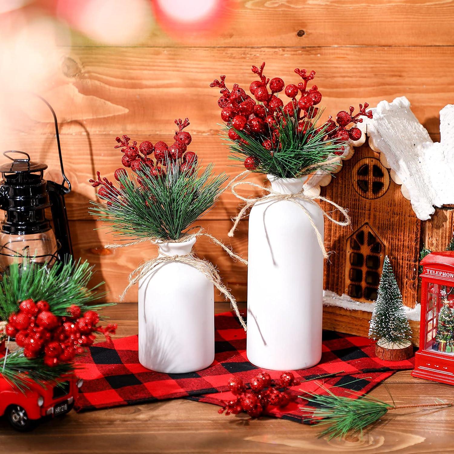 imageGeosar 24 Pieces Christmas Artificial Greenery Pine Branches Small Holly Artificial Berries Picks Bulk for Crafts Wreath Decorations Xmas Tree Party Gift for Christmas Holiday Decor RedRed