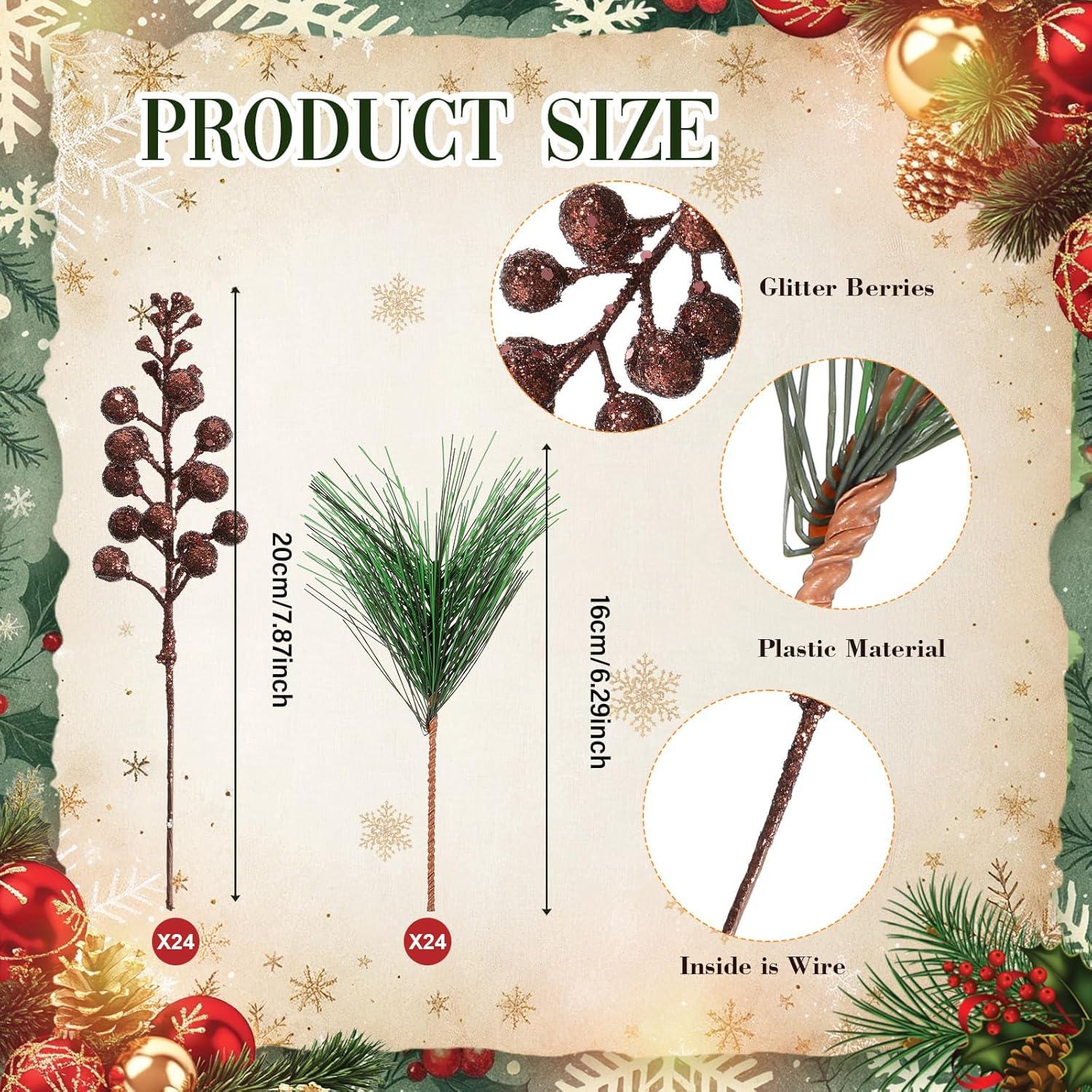 imageGeosar 24 Pieces Christmas Artificial Greenery Pine Branches Small Holly Artificial Berries Picks Bulk for Crafts Wreath Decorations Xmas Tree Party Gift for Christmas Holiday Decor RedCopper