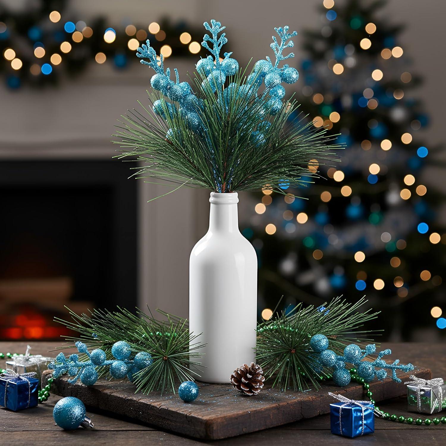 imageGeosar 24 Pieces Christmas Artificial Greenery Pine Branches Small Holly Artificial Berries Picks Bulk for Crafts Wreath Decorations Xmas Tree Party Gift for Christmas Holiday Decor RedBlue