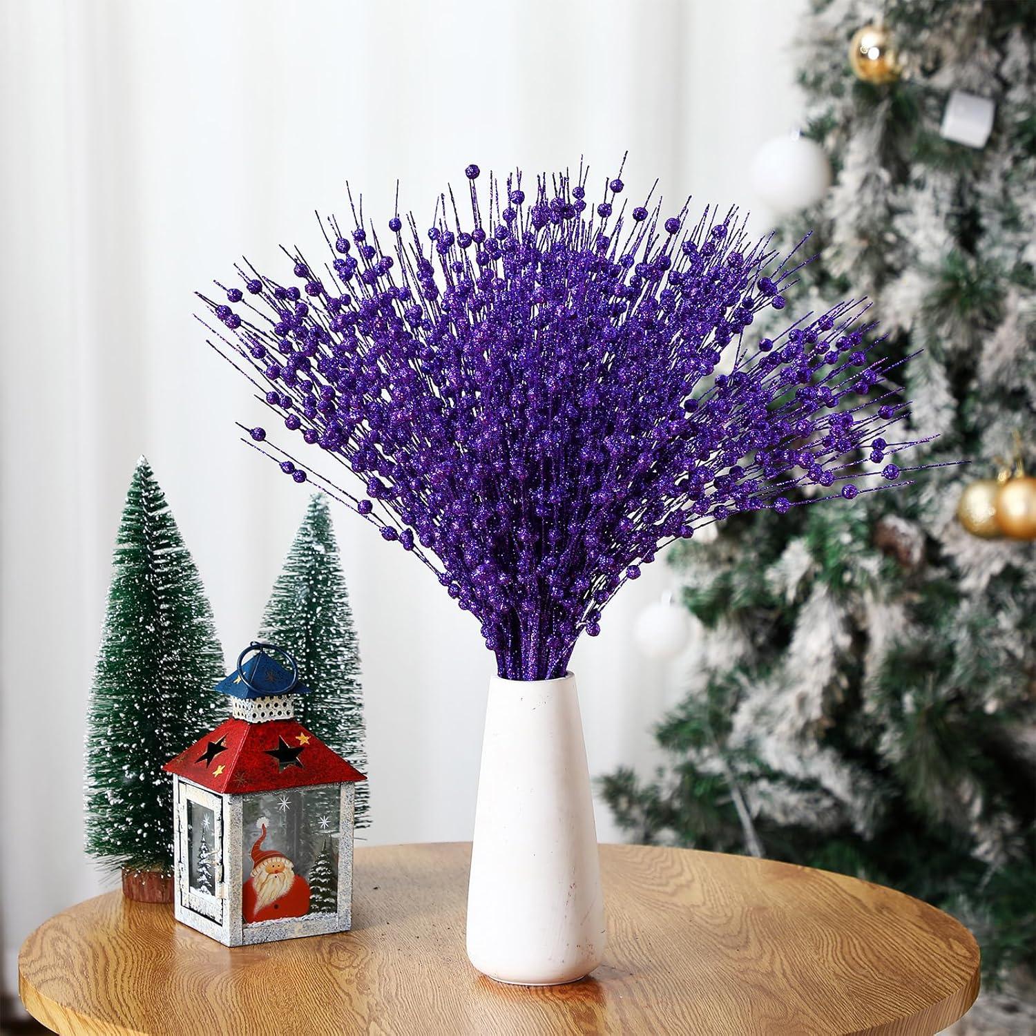 imageGeosar 30 Pcs Christmas Artificial Glitter Berry Stem Decorations 17 Inch Faux Stick Floral Pick Centerpiece Bouquet Flower Bead Twigs for Centerpiece Tree Wreath Xmas Ornaments HomeBurgundyPurple