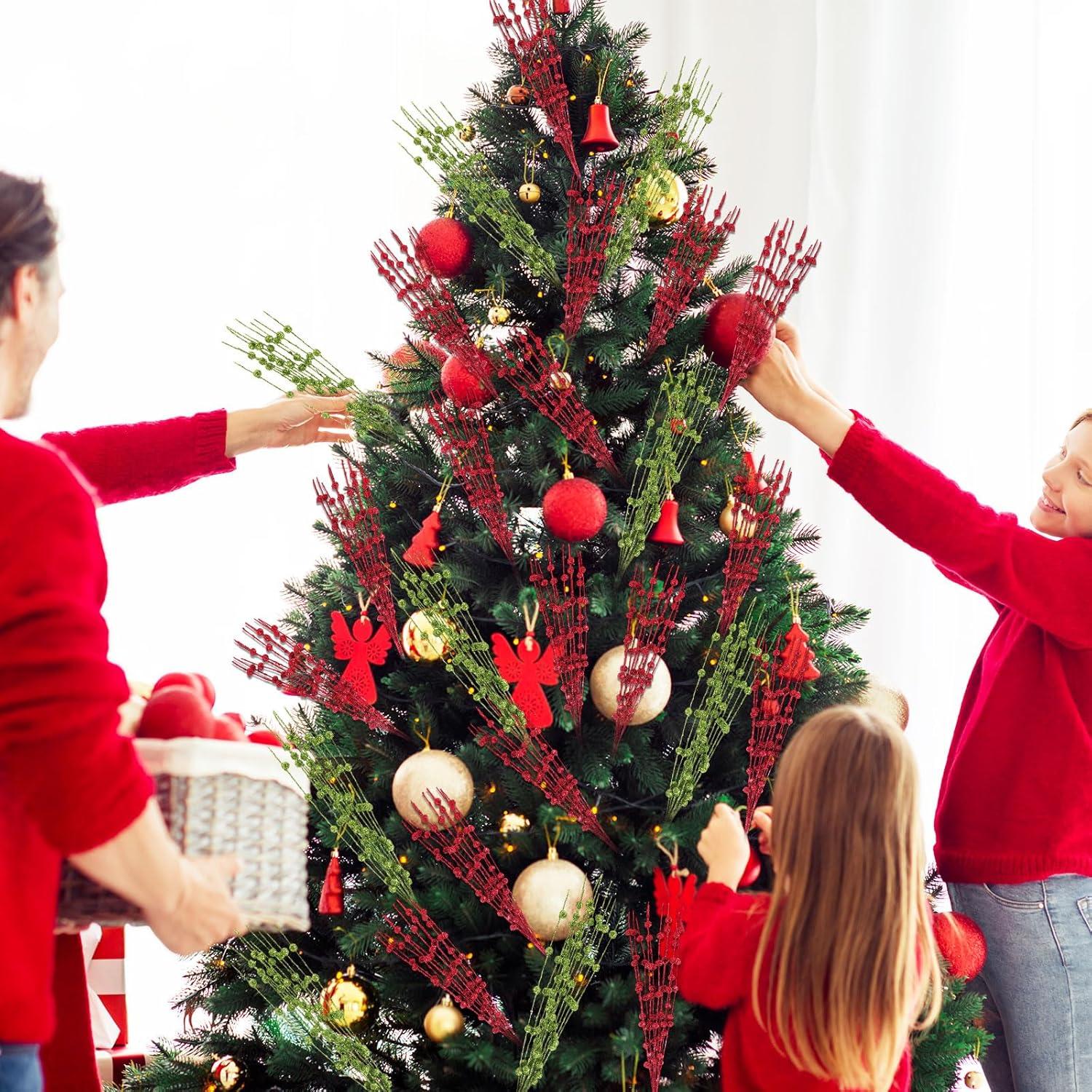 imageGeosar 30 Pcs Christmas Artificial Glitter Berry Stem Decorations 17 Inch Faux Stick Floral Pick Centerpiece Bouquet Flower Bead Twigs for Centerpiece Tree Wreath Xmas Ornaments HomeBurgundyGreen and Red