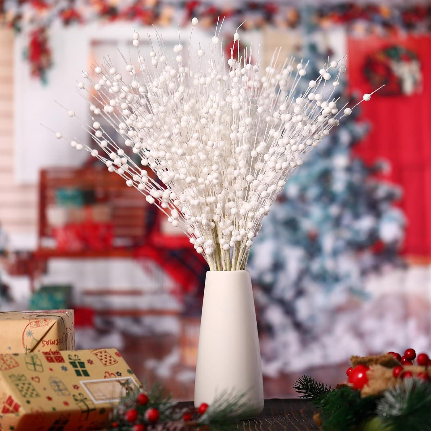 imageGeosar 30 Pcs Christmas Artificial Glitter Berry Stem Decorations 17 Inch Faux Stick Floral Pick Centerpiece Bouquet Flower Bead Twigs for Centerpiece Tree Wreath Xmas Ornaments HomeBurgundyWhite