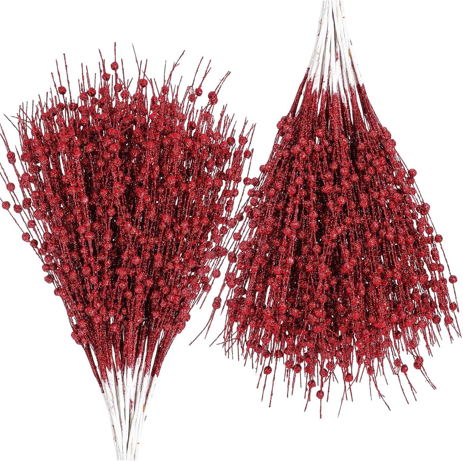 imageGeosar 30 Pcs Christmas Artificial Glitter Berry Stem Decorations 17 Inch Faux Stick Floral Pick Centerpiece Bouquet Flower Bead Twigs for Centerpiece Tree Wreath Xmas Ornaments HomeBurgundyRed