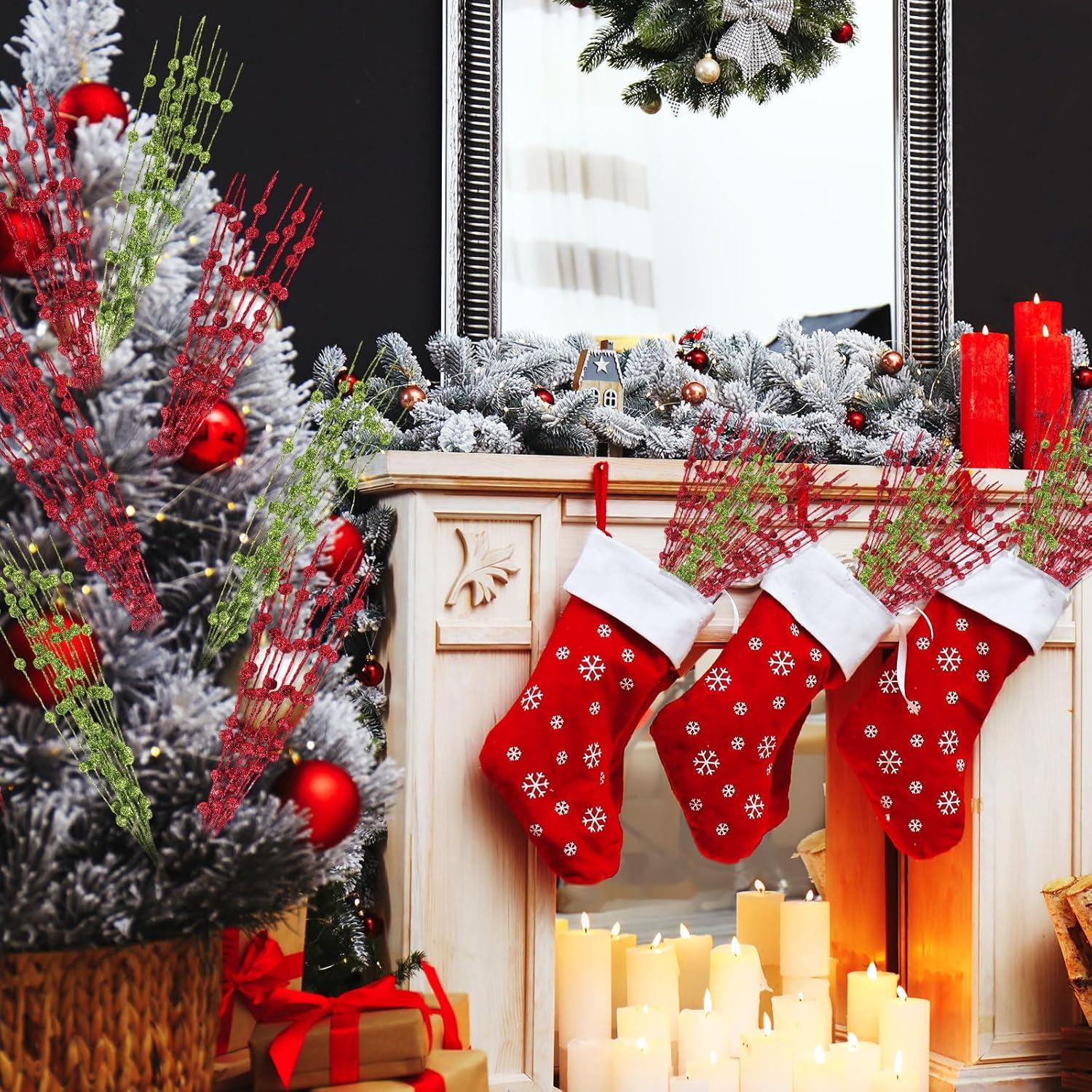 imageGeosar 30 Pcs Christmas Artificial Glitter Berry Stem Decorations 17 Inch Faux Stick Floral Pick Centerpiece Bouquet Flower Bead Twigs for Centerpiece Tree Wreath Xmas Ornaments HomeBurgundyGreen and Red