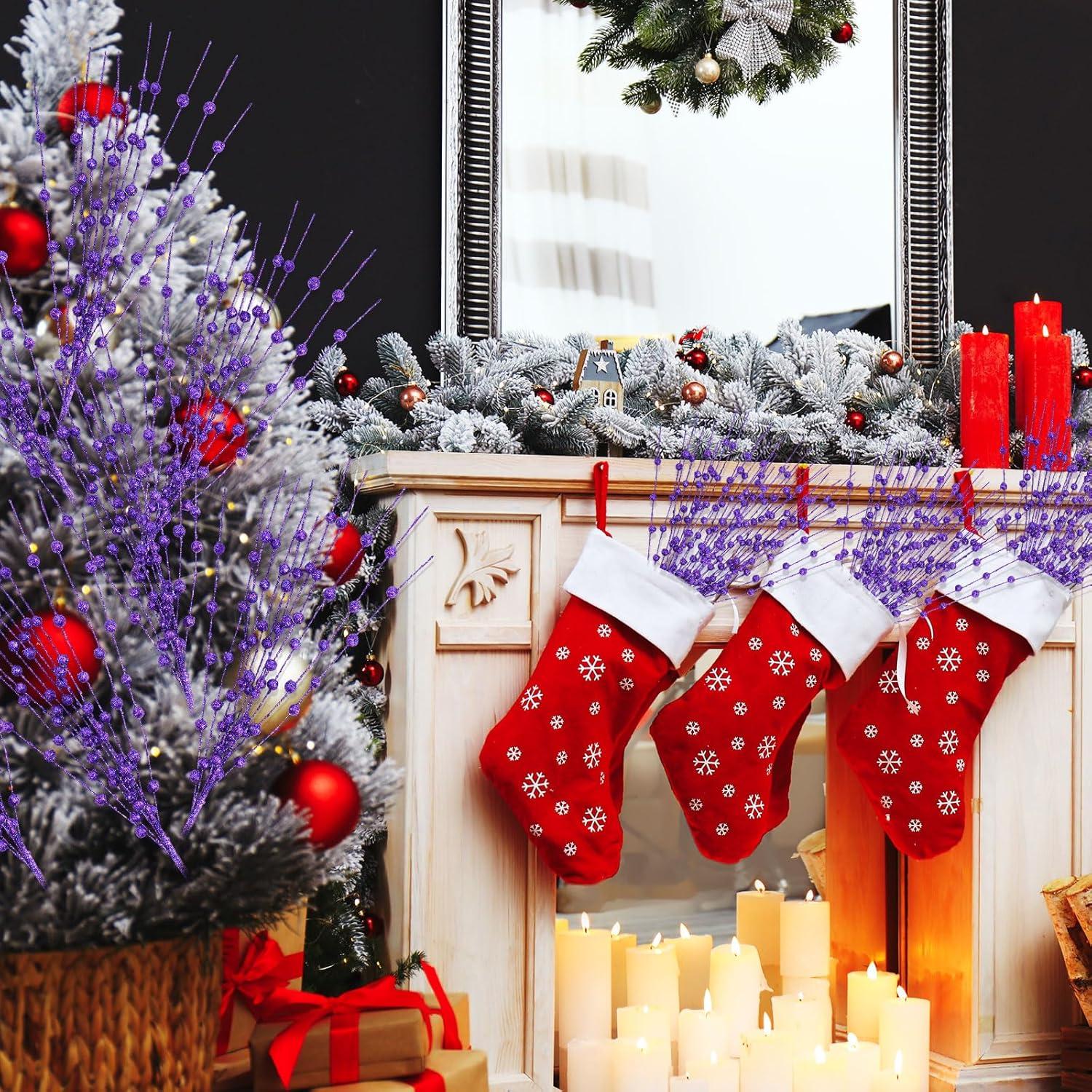 imageGeosar 30 Pcs Christmas Artificial Glitter Berry Stem Decorations 17 Inch Faux Stick Floral Pick Centerpiece Bouquet Flower Bead Twigs for Centerpiece Tree Wreath Xmas Ornaments HomeBurgundyPurple