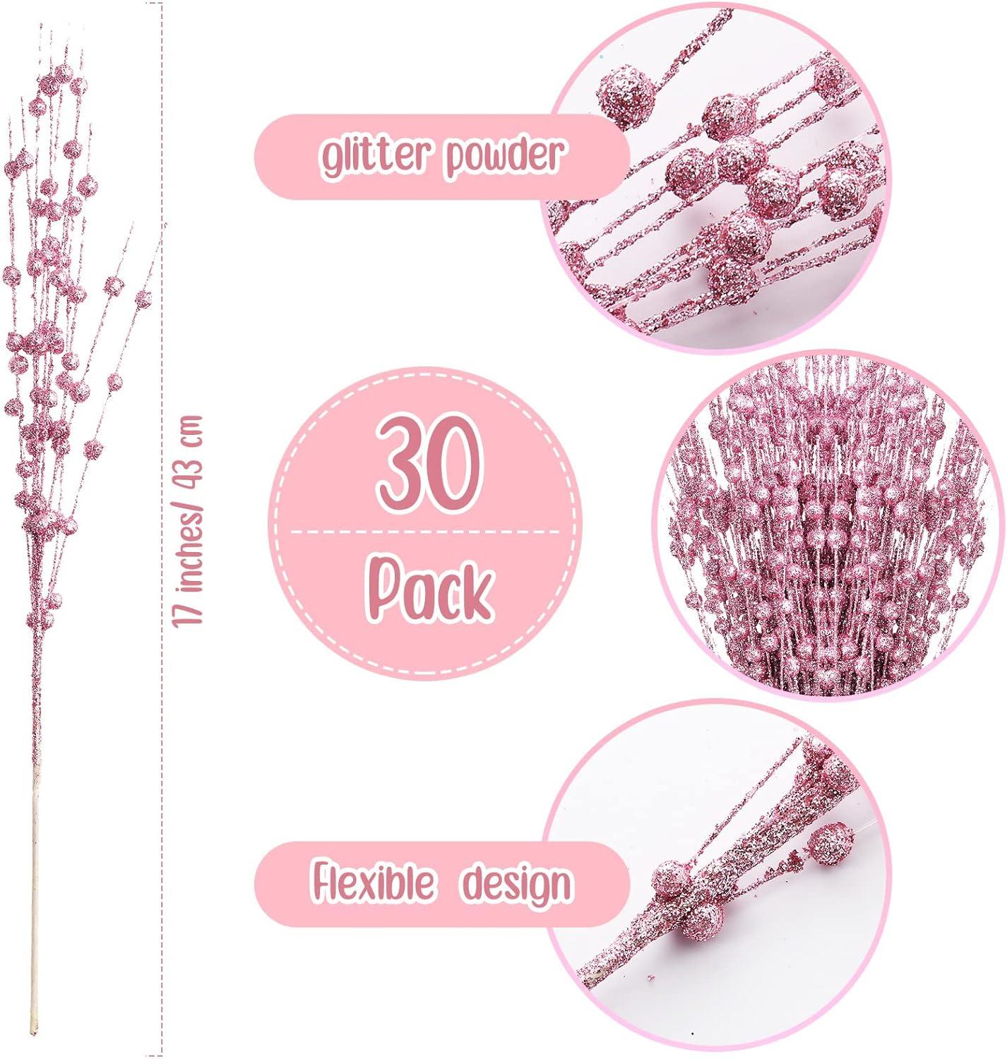 imageGeosar 30 Pcs Christmas Artificial Glitter Berry Stem Decorations 17 Inch Faux Stick Floral Pick Centerpiece Bouquet Flower Bead Twigs for Centerpiece Tree Wreath Xmas Ornaments HomeBurgundyPink