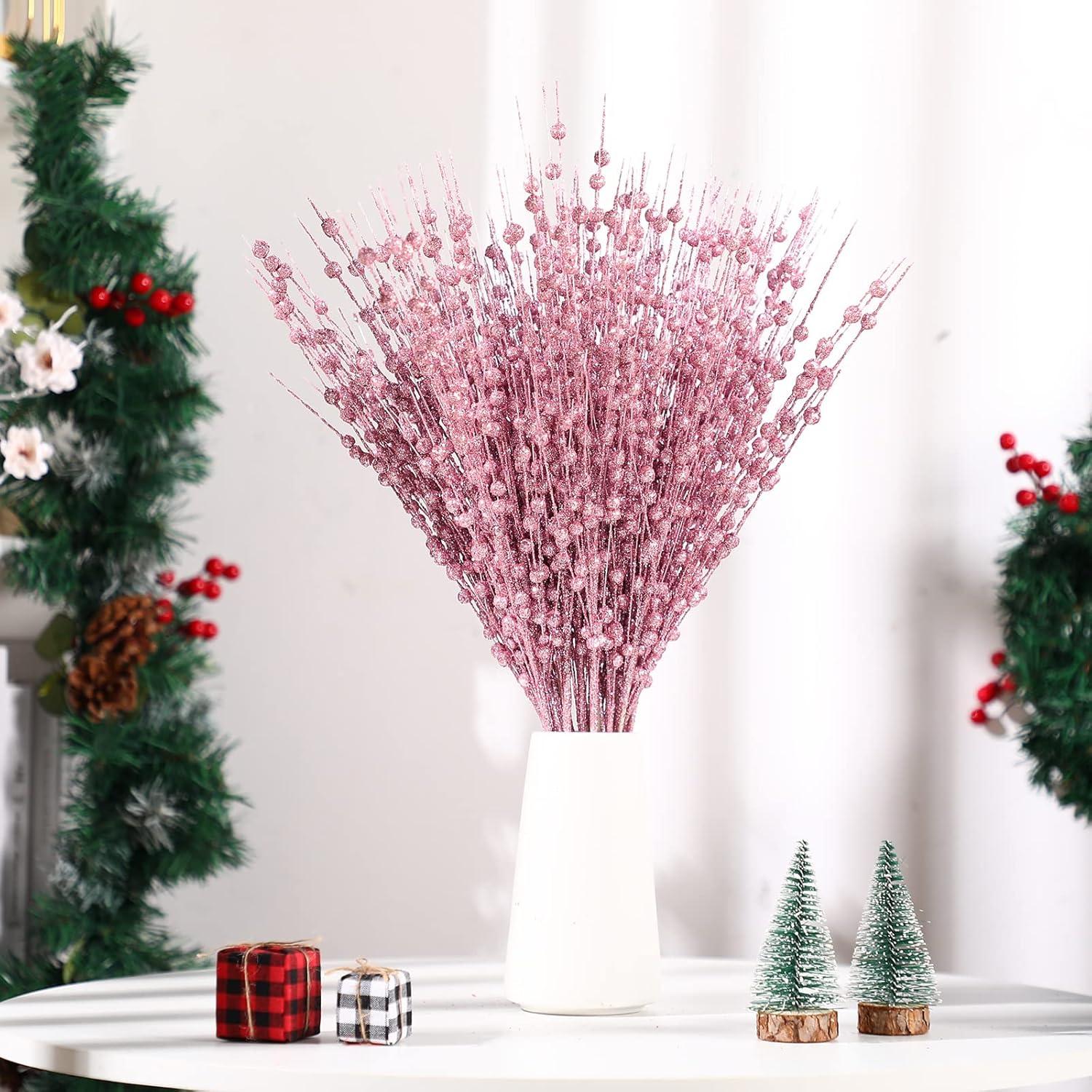 imageGeosar 30 Pcs Christmas Artificial Glitter Berry Stem Decorations 17 Inch Faux Stick Floral Pick Centerpiece Bouquet Flower Bead Twigs for Centerpiece Tree Wreath Xmas Ornaments HomeBurgundyPink