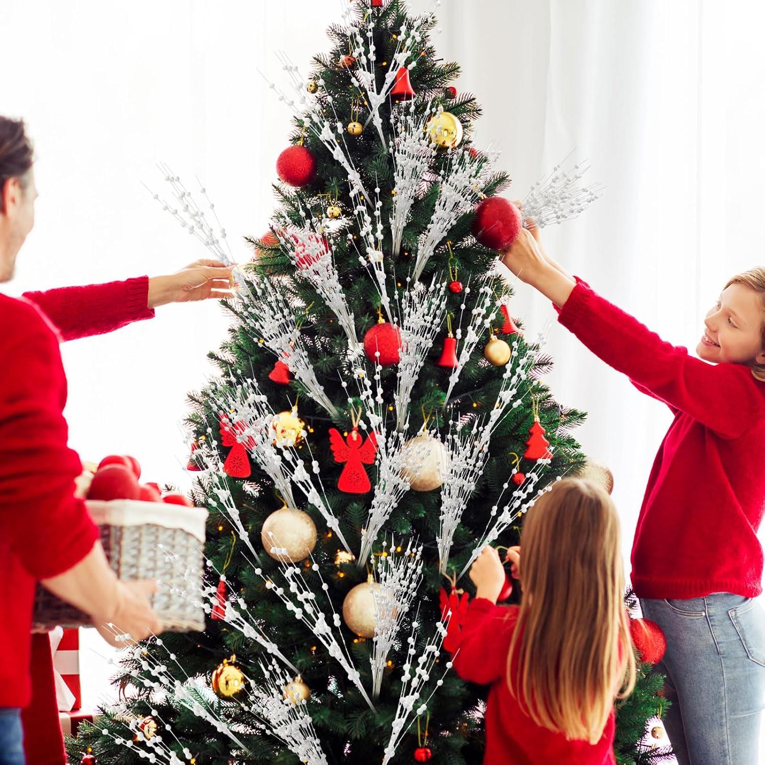 imageGeosar 30 Pcs Christmas Artificial Glitter Berry Stem Decorations 17 Inch Faux Stick Floral Pick Centerpiece Bouquet Flower Bead Twigs for Centerpiece Tree Wreath Xmas Ornaments HomeBurgundyWhite