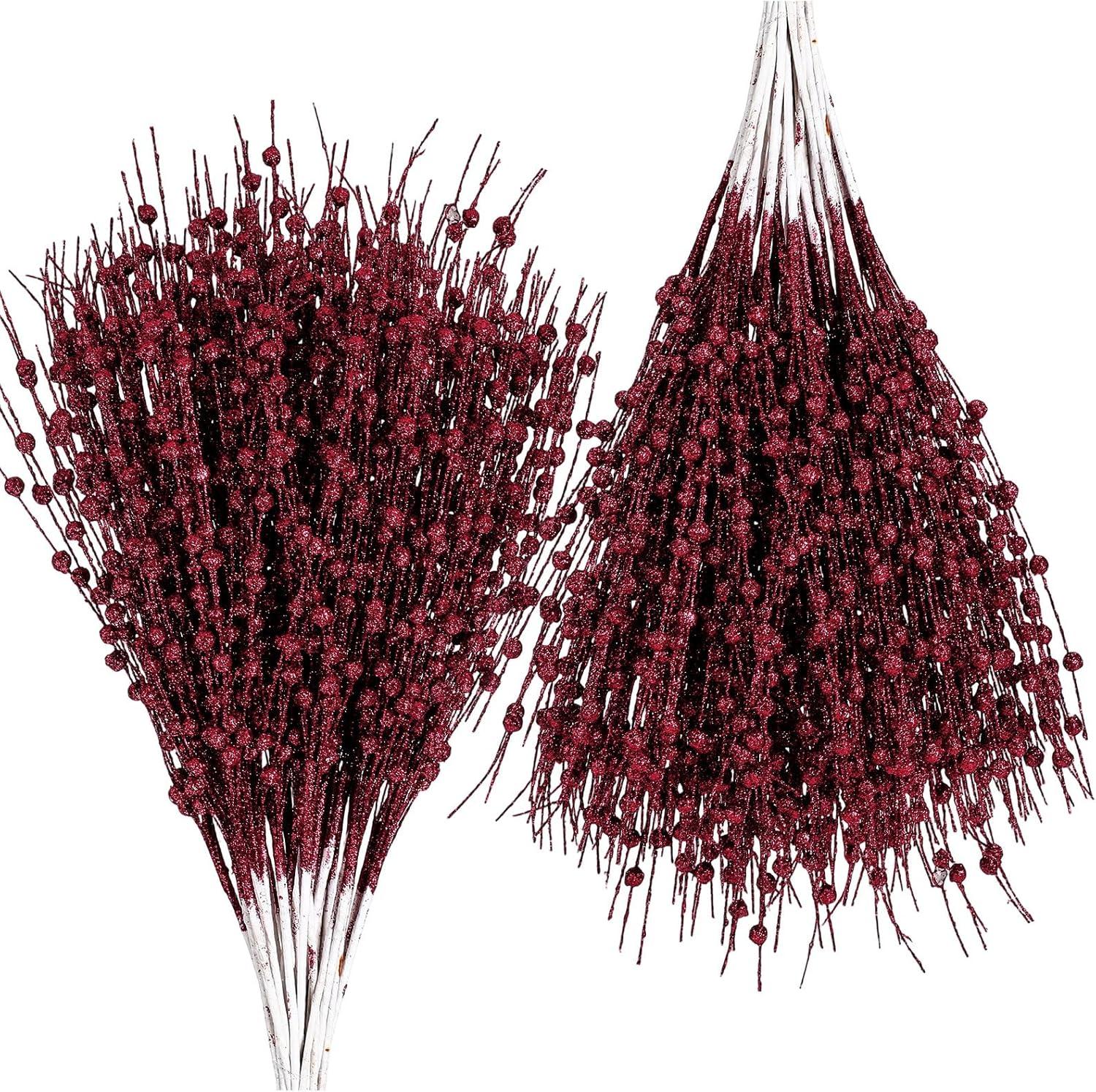 imageGeosar 30 Pcs Christmas Artificial Glitter Berry Stem Decorations 17 Inch Faux Stick Floral Pick Centerpiece Bouquet Flower Bead Twigs for Centerpiece Tree Wreath Xmas Ornaments HomeBurgundyBurgundy