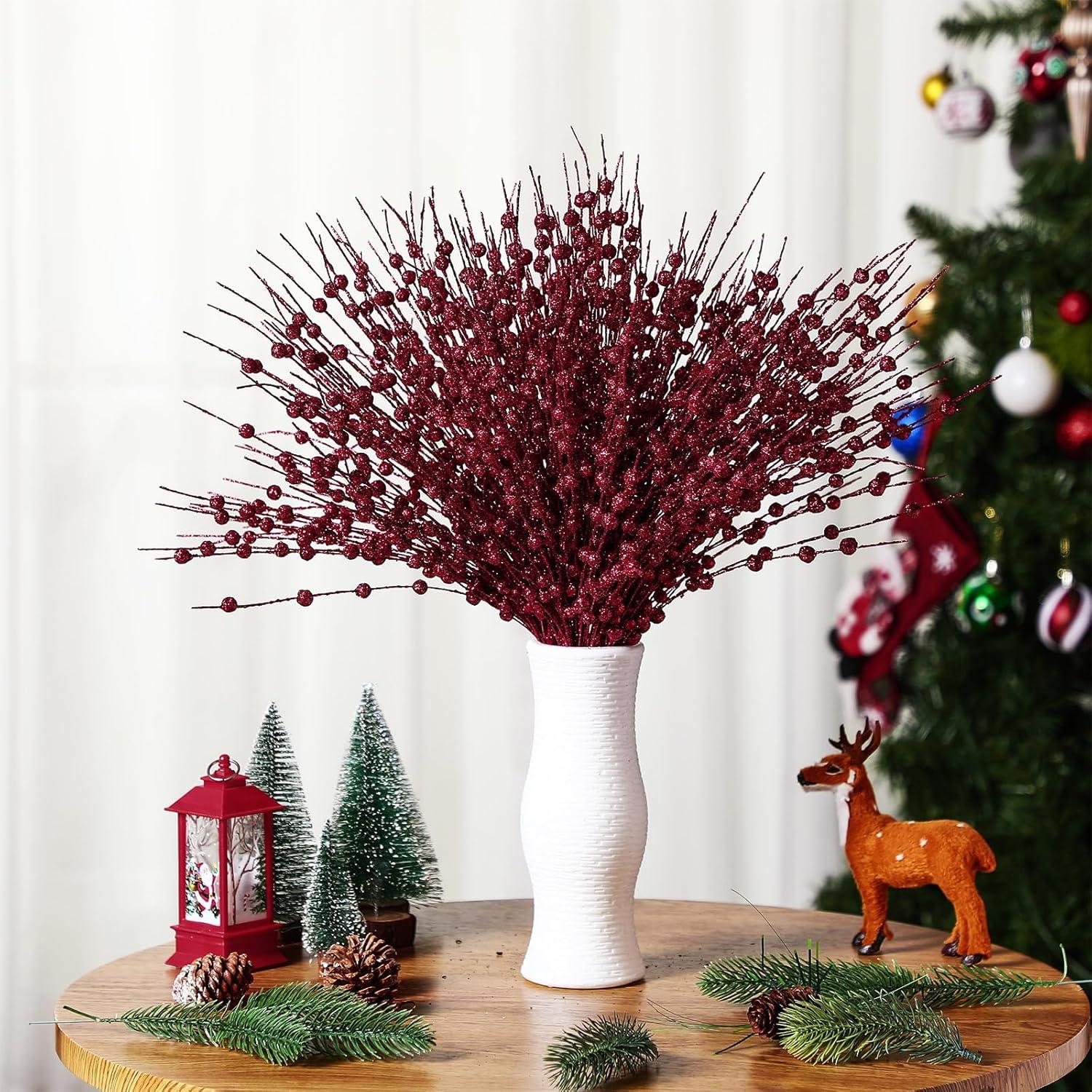 imageGeosar 30 Pcs Christmas Artificial Glitter Berry Stem Decorations 17 Inch Faux Stick Floral Pick Centerpiece Bouquet Flower Bead Twigs for Centerpiece Tree Wreath Xmas Ornaments HomeBurgundyBurgundy