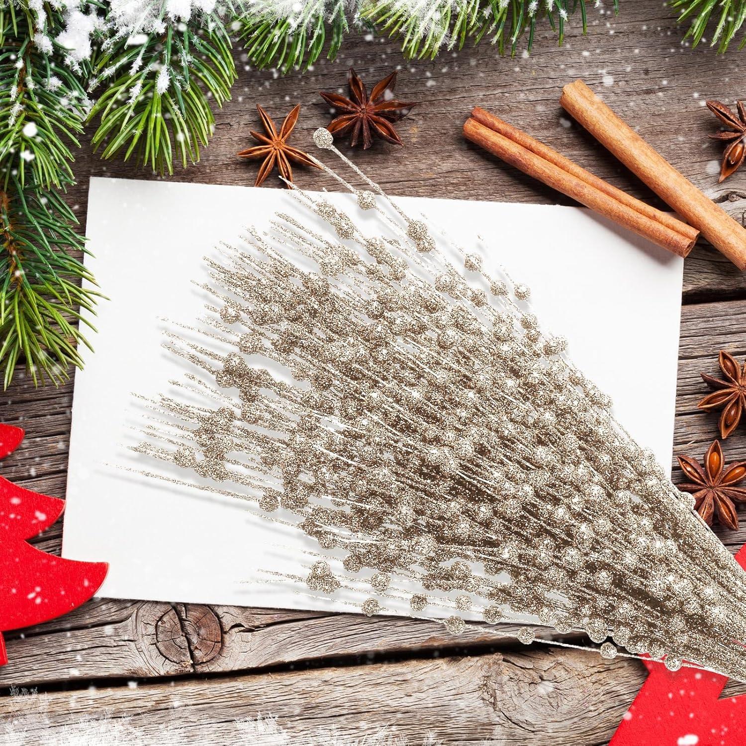 imageGeosar 30 Pcs Christmas Artificial Glitter Berry Stem Decorations 17 Inch Faux Stick Floral Pick Centerpiece Bouquet Flower Bead Twigs for Centerpiece Tree Wreath Xmas Ornaments HomeBurgundyChampagne Gold