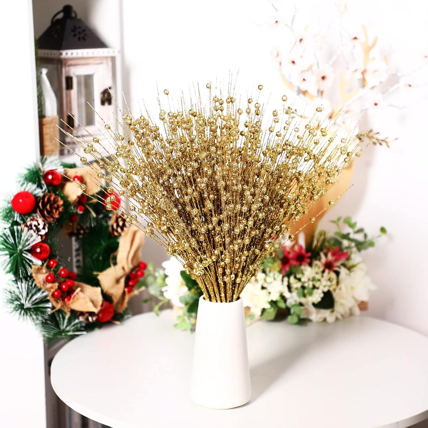 imageGeosar 30 Pcs Christmas Artificial Glitter Berry Stem Decorations 17 Inch Faux Stick Floral Pick Centerpiece Bouquet Flower Bead Twigs for Centerpiece Tree Wreath Xmas Ornaments HomeBurgundyGold