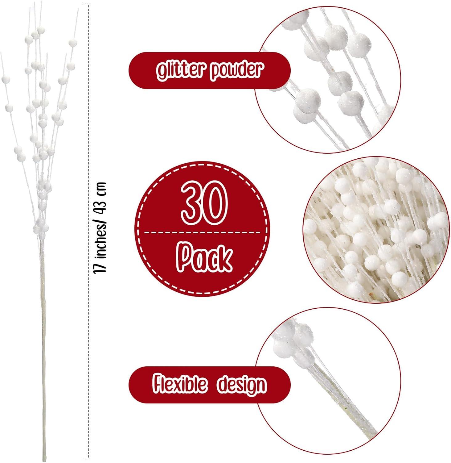 imageGeosar 30 Pcs Christmas Artificial Glitter Berry Stem Decorations 17 Inch Faux Stick Floral Pick Centerpiece Bouquet Flower Bead Twigs for Centerpiece Tree Wreath Xmas Ornaments HomeBurgundyWhite