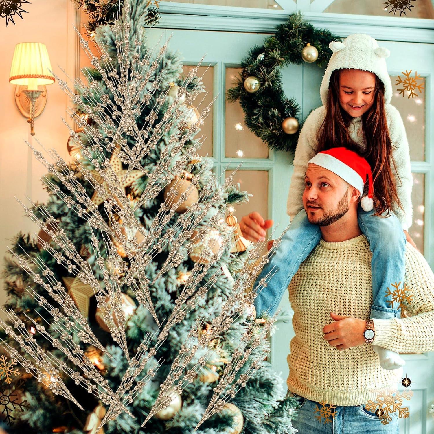 imageGeosar 30 Pcs Christmas Artificial Glitter Berry Stem Decorations 17 Inch Faux Stick Floral Pick Centerpiece Bouquet Flower Bead Twigs for Centerpiece Tree Wreath Xmas Ornaments HomeBurgundyChampagne Gold