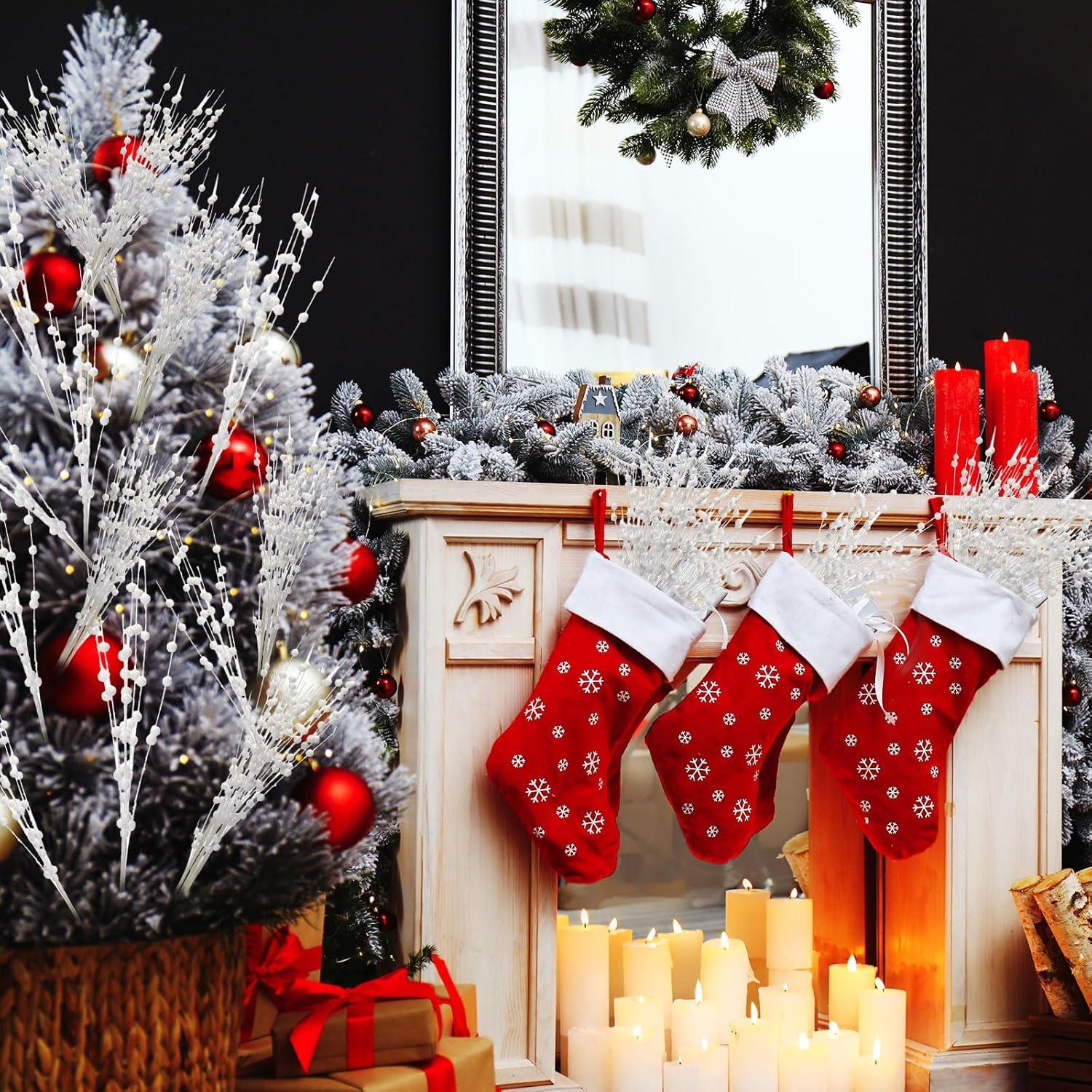 imageGeosar 30 Pcs Christmas Artificial Glitter Berry Stem Decorations 17 Inch Faux Stick Floral Pick Centerpiece Bouquet Flower Bead Twigs for Centerpiece Tree Wreath Xmas Ornaments HomeBurgundyWhite