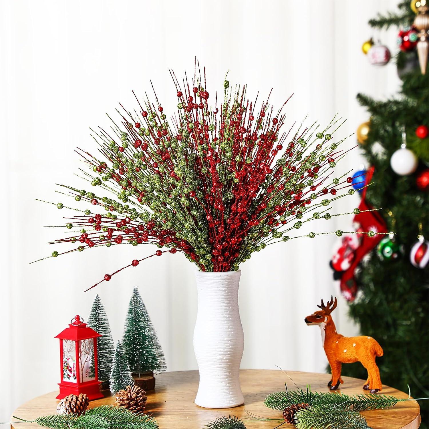 imageGeosar 30 Pcs Christmas Artificial Glitter Berry Stem Decorations 17 Inch Faux Stick Floral Pick Centerpiece Bouquet Flower Bead Twigs for Centerpiece Tree Wreath Xmas Ornaments HomeBurgundyGreen and Red