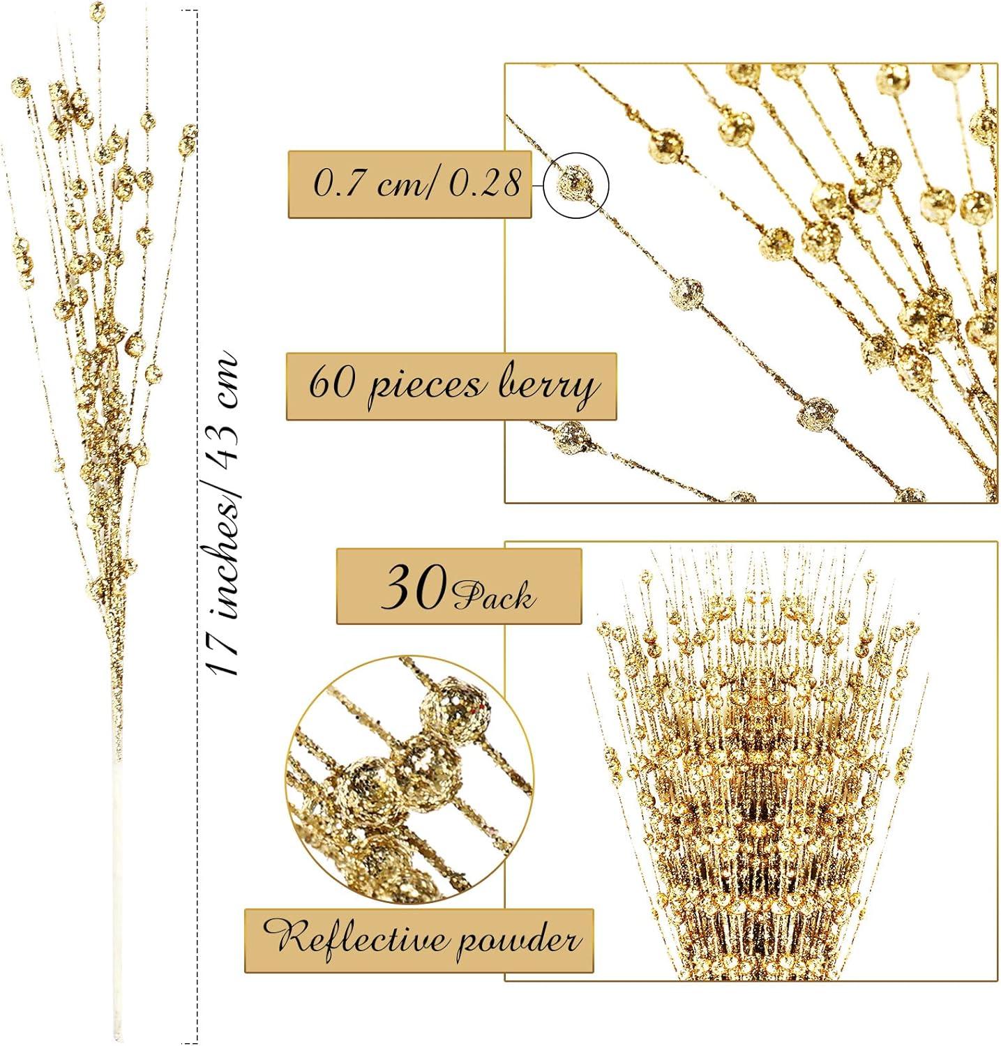 imageGeosar 30 Pcs Christmas Artificial Glitter Berry Stem Decorations 17 Inch Faux Stick Floral Pick Centerpiece Bouquet Flower Bead Twigs for Centerpiece Tree Wreath Xmas Ornaments HomeBurgundyGold