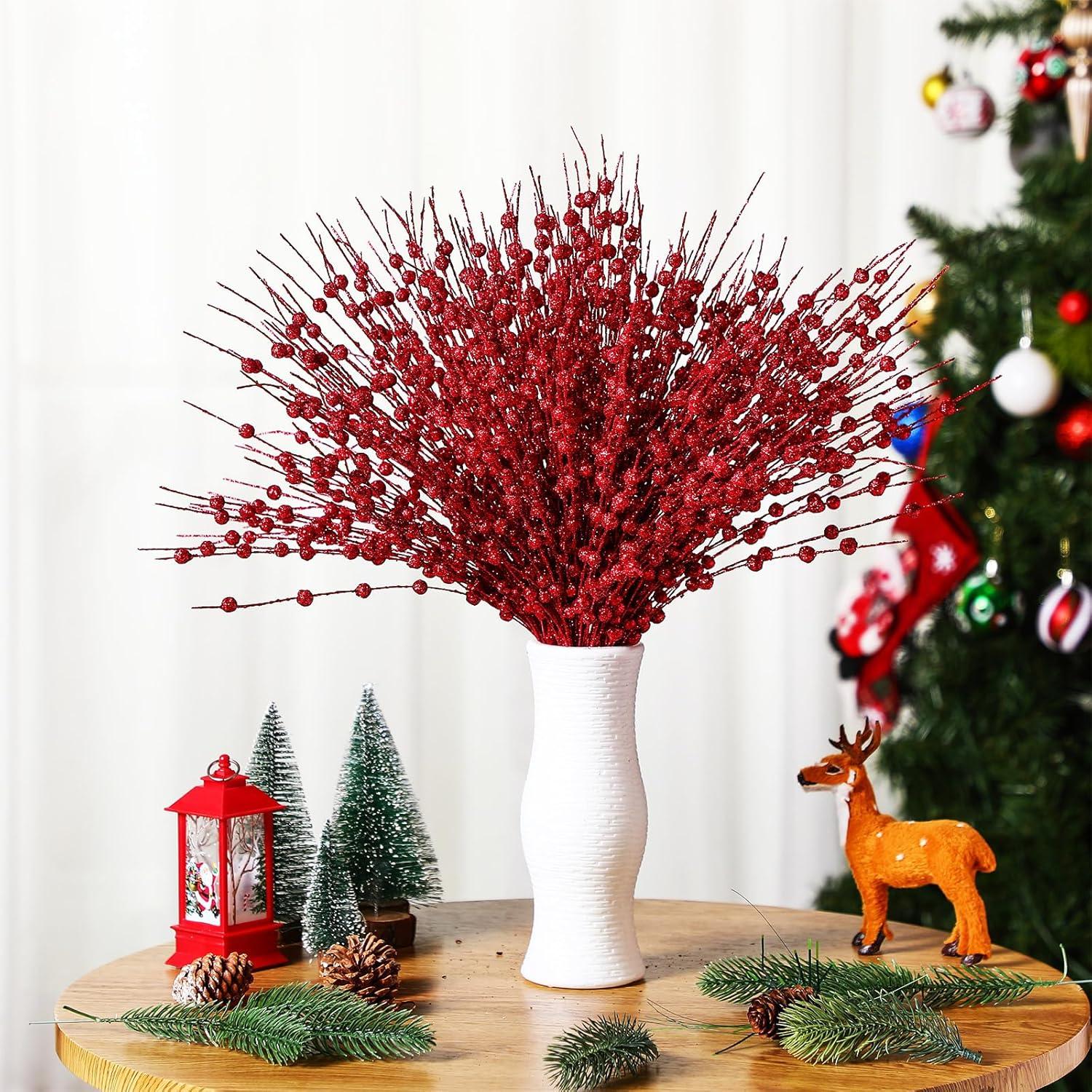 imageGeosar 30 Pcs Christmas Artificial Glitter Berry Stem Decorations 17 Inch Faux Stick Floral Pick Centerpiece Bouquet Flower Bead Twigs for Centerpiece Tree Wreath Xmas Ornaments HomeBurgundyRed