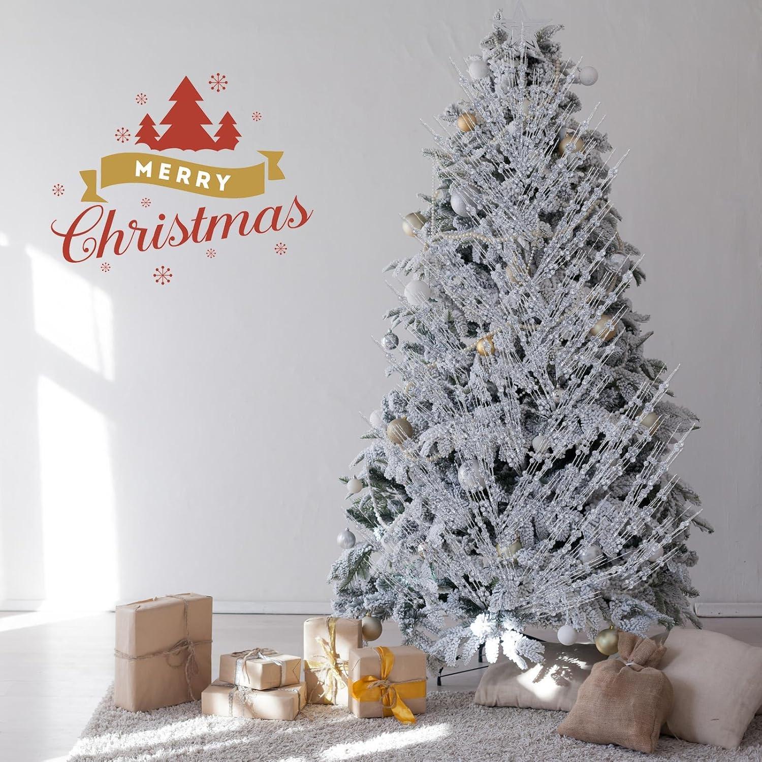 imageGeosar 30 Pcs Christmas Artificial Glitter Berry Stem Decorations 17 Inch Faux Stick Floral Pick Centerpiece Bouquet Flower Bead Twigs for Centerpiece Tree Wreath Xmas Ornaments HomeBurgundySilver