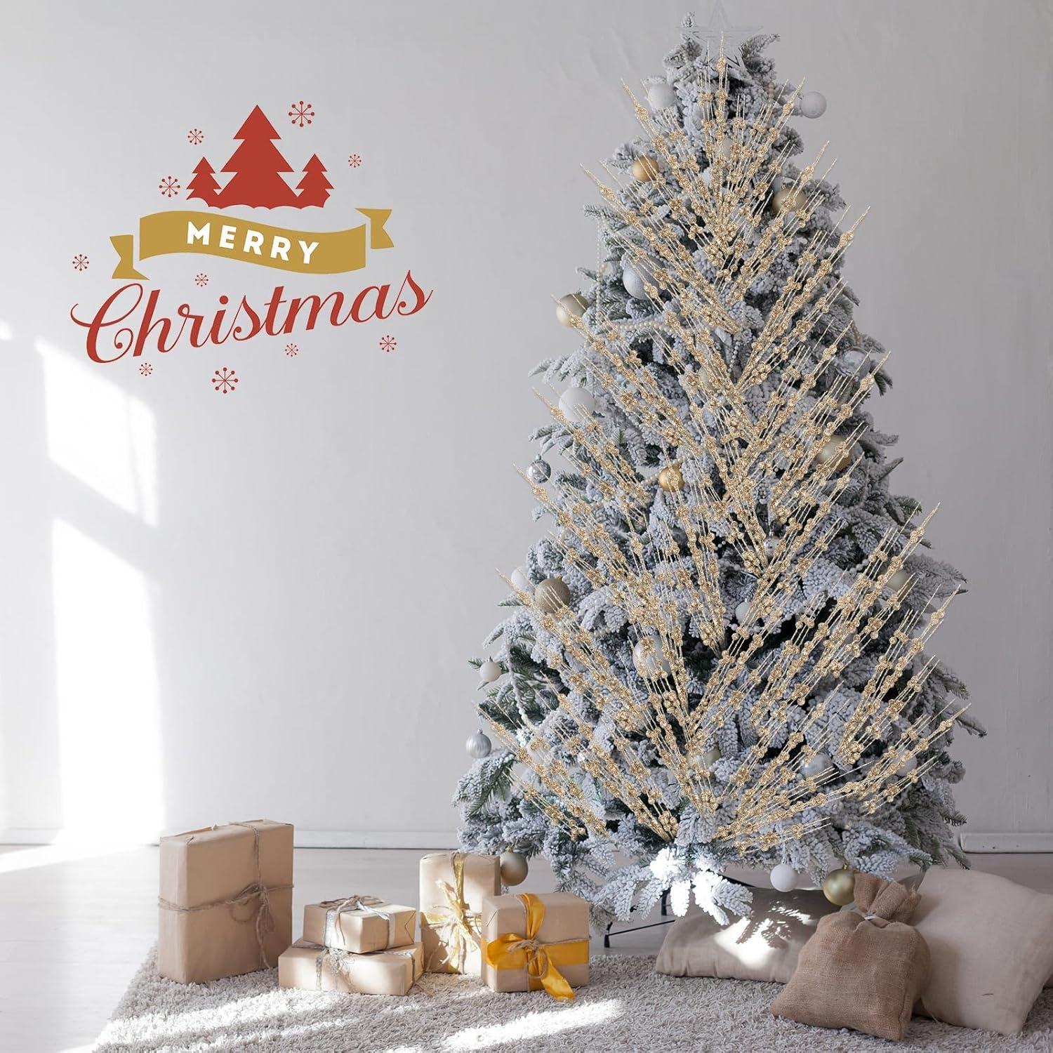 imageGeosar 30 Pcs Christmas Artificial Glitter Berry Stem Decorations 17 Inch Faux Stick Floral Pick Centerpiece Bouquet Flower Bead Twigs for Centerpiece Tree Wreath Xmas Ornaments HomeBurgundyChampagne Gold