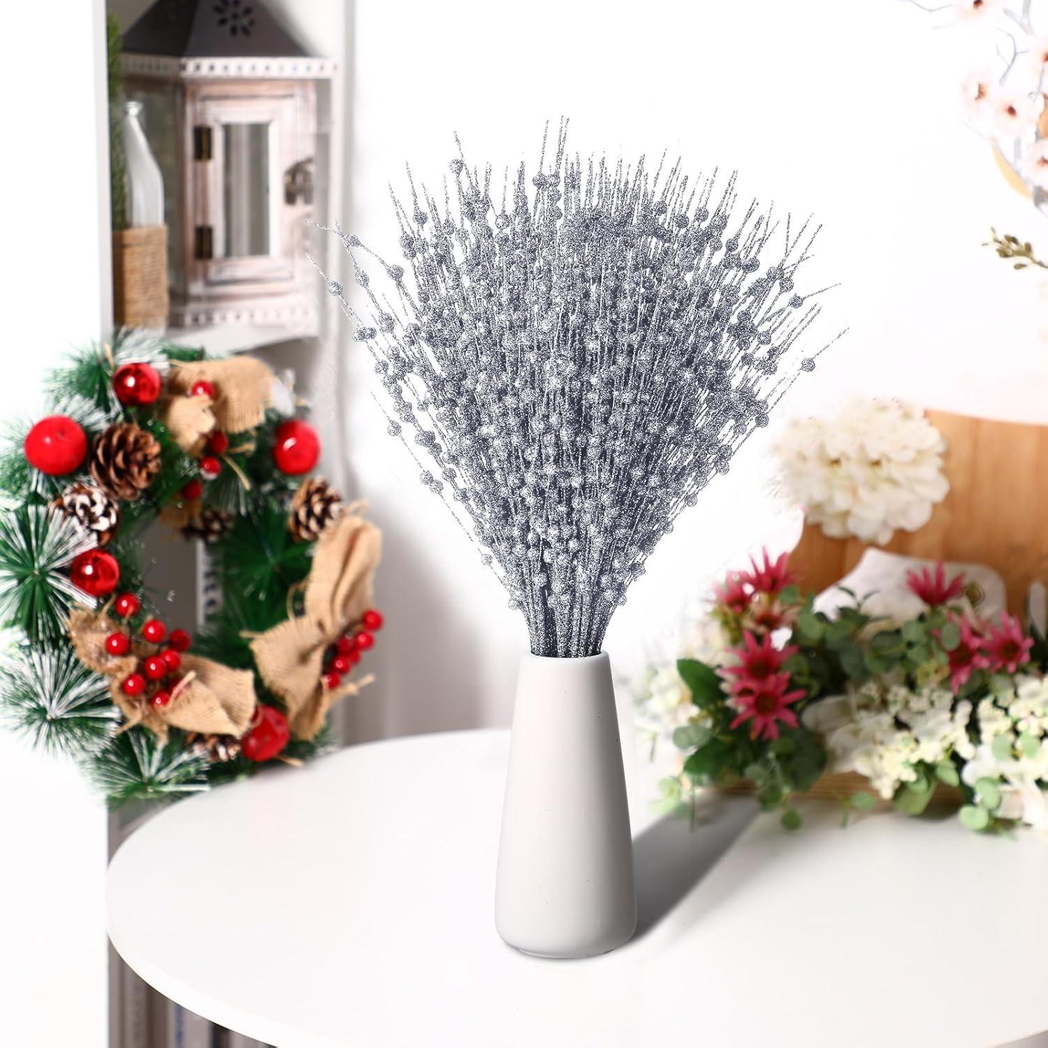 imageGeosar 30 Pcs Christmas Artificial Glitter Berry Stem Decorations 17 Inch Faux Stick Floral Pick Centerpiece Bouquet Flower Bead Twigs for Centerpiece Tree Wreath Xmas Ornaments HomeBurgundySilver