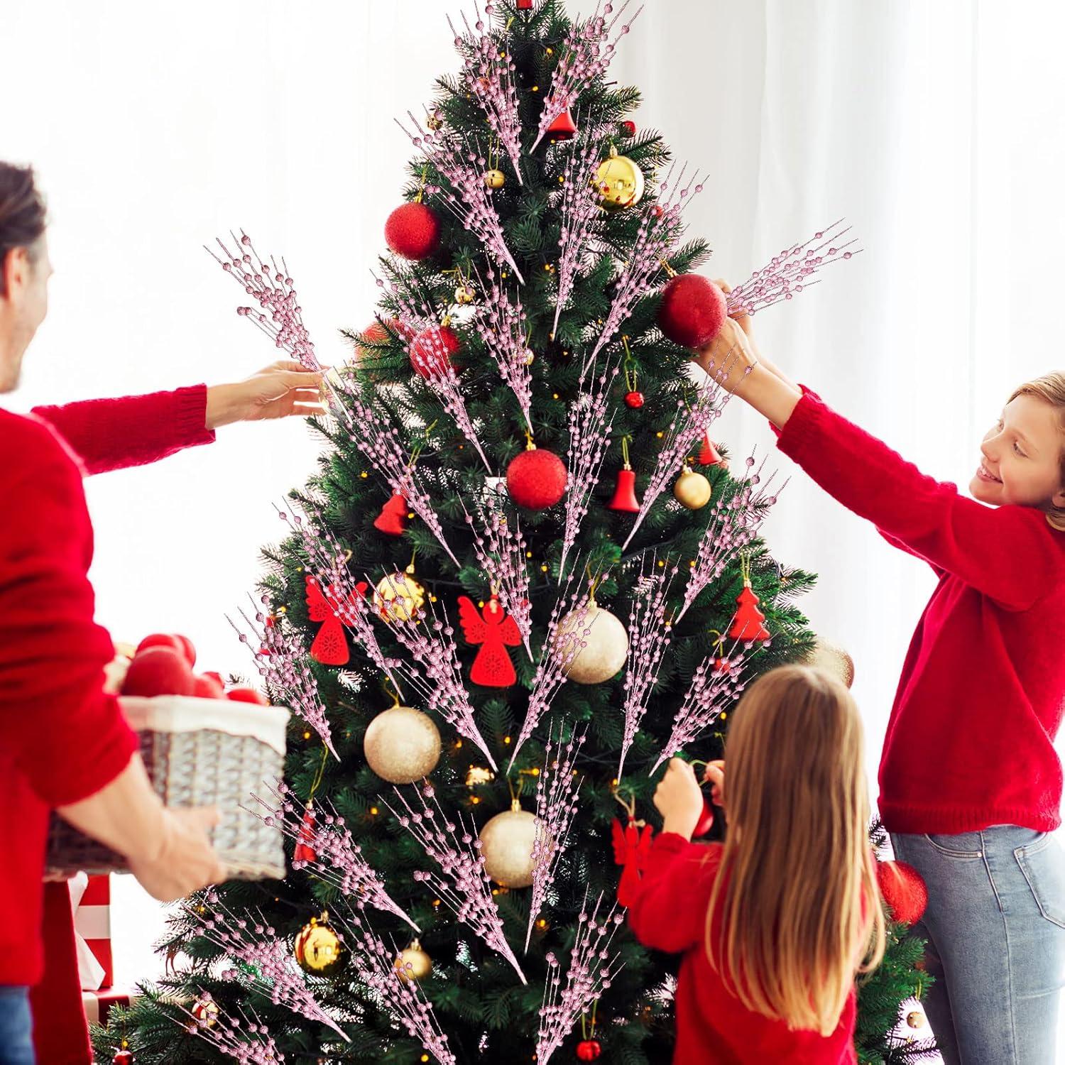 imageGeosar 30 Pcs Christmas Artificial Glitter Berry Stem Decorations 17 Inch Faux Stick Floral Pick Centerpiece Bouquet Flower Bead Twigs for Centerpiece Tree Wreath Xmas Ornaments HomeBurgundyPink