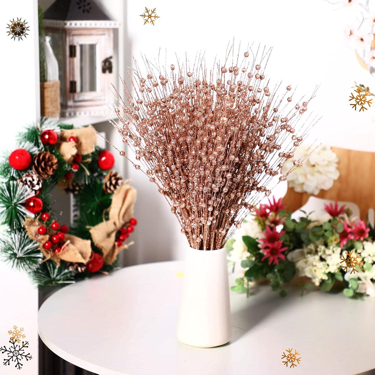 imageGeosar 30 Pcs Christmas Artificial Glitter Berry Stem Decorations 17 Inch Faux Stick Floral Pick Centerpiece Bouquet Flower Bead Twigs for Centerpiece Tree Wreath Xmas Ornaments HomeBurgundyRose Gold