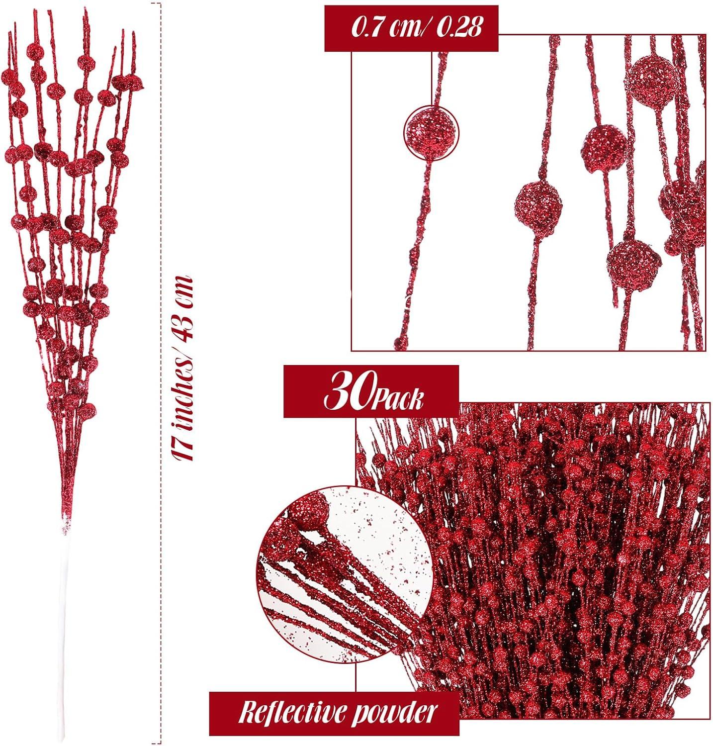 imageGeosar 30 Pcs Christmas Artificial Glitter Berry Stem Decorations 17 Inch Faux Stick Floral Pick Centerpiece Bouquet Flower Bead Twigs for Centerpiece Tree Wreath Xmas Ornaments HomeBurgundyRed