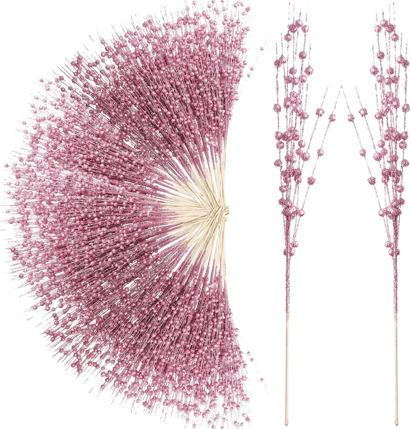 imageGeosar 30 Pcs Christmas Artificial Glitter Berry Stem Decorations 17 Inch Faux Stick Floral Pick Centerpiece Bouquet Flower Bead Twigs for Centerpiece Tree Wreath Xmas Ornaments HomeBurgundyPink