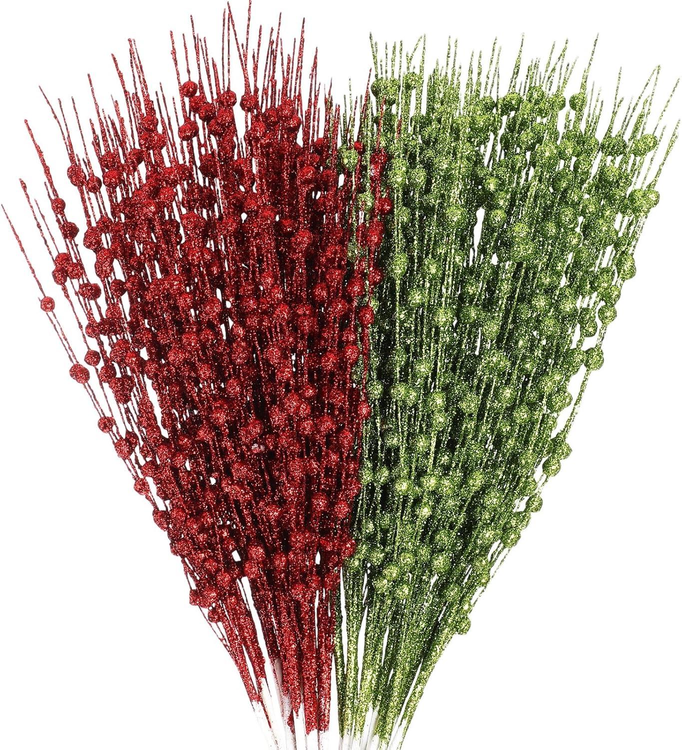 imageGeosar 30 Pcs Christmas Artificial Glitter Berry Stem Decorations 17 Inch Faux Stick Floral Pick Centerpiece Bouquet Flower Bead Twigs for Centerpiece Tree Wreath Xmas Ornaments HomeBurgundyGreen and Red