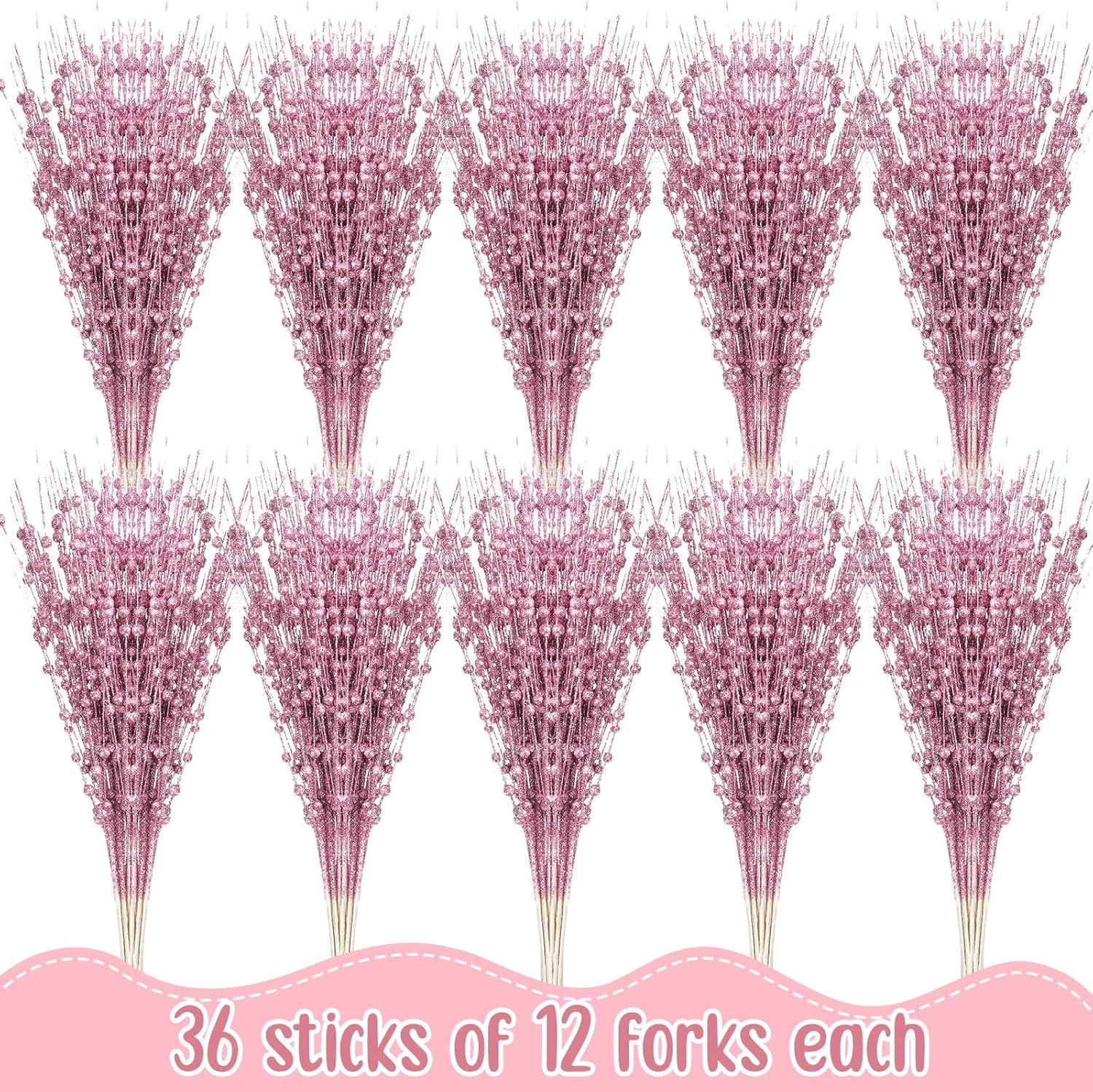 imageGeosar 30 Pcs Christmas Artificial Glitter Berry Stem Decorations 17 Inch Faux Stick Floral Pick Centerpiece Bouquet Flower Bead Twigs for Centerpiece Tree Wreath Xmas Ornaments HomeBurgundyPink