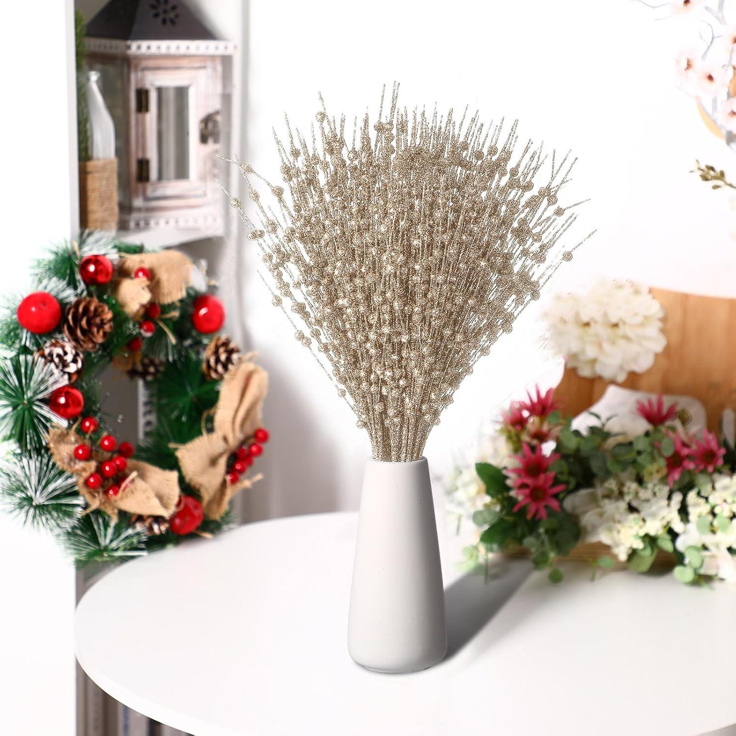 imageGeosar 30 Pcs Christmas Artificial Glitter Berry Stem Decorations 17 Inch Faux Stick Floral Pick Centerpiece Bouquet Flower Bead Twigs for Centerpiece Tree Wreath Xmas Ornaments HomeBurgundyChampagne Gold