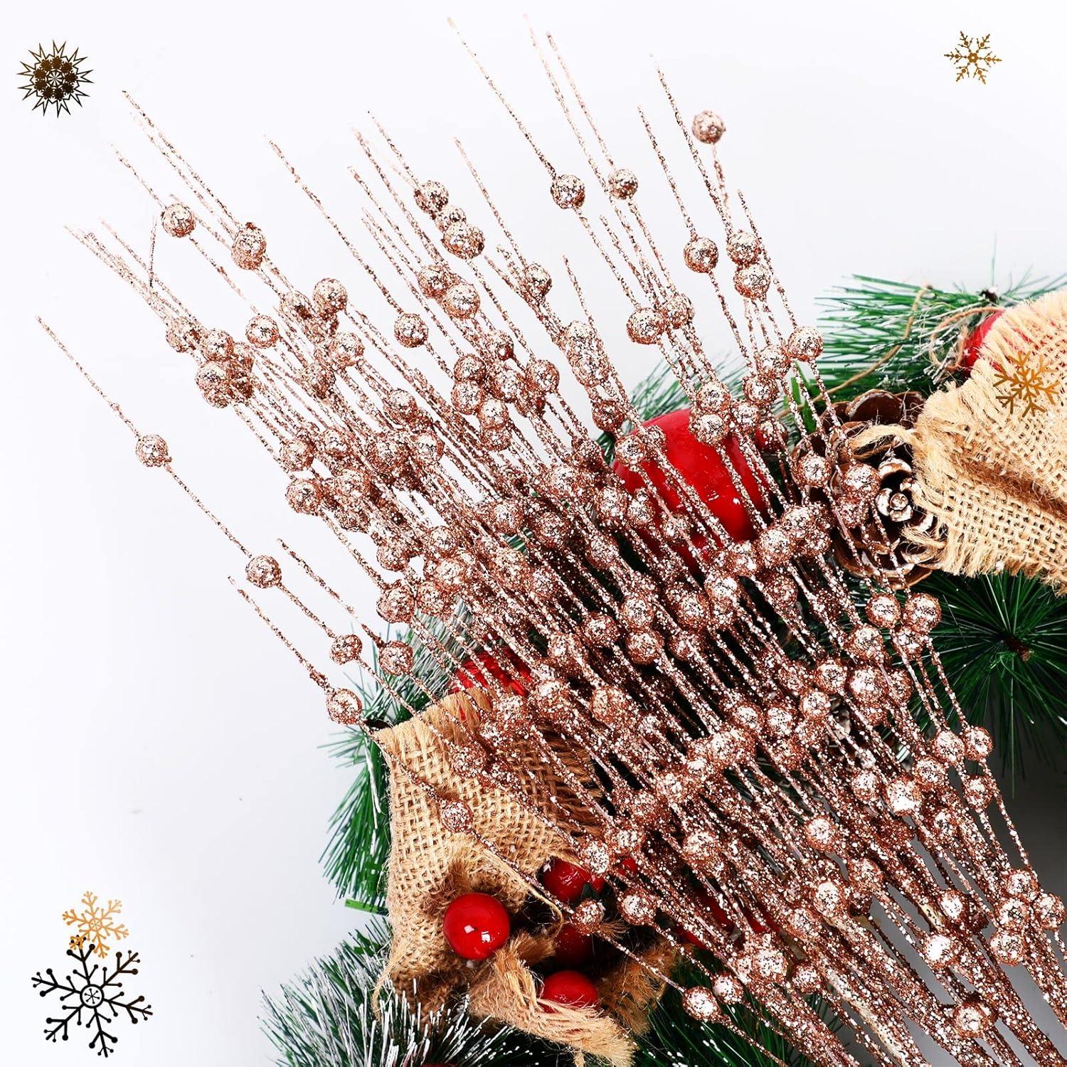 imageGeosar 30 Pcs Christmas Artificial Glitter Berry Stem Decorations 17 Inch Faux Stick Floral Pick Centerpiece Bouquet Flower Bead Twigs for Centerpiece Tree Wreath Xmas Ornaments HomeBurgundyRose Gold
