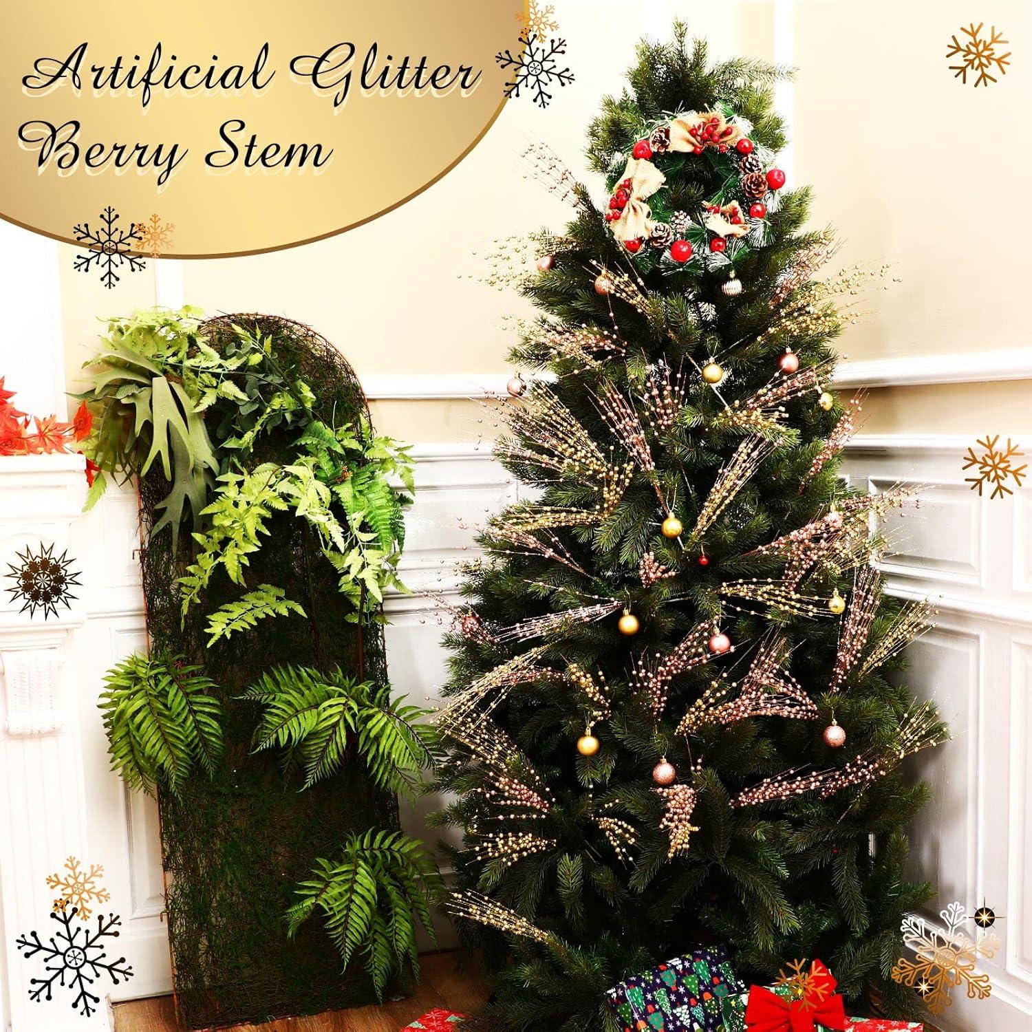 imageGeosar 30 Pcs Christmas Artificial Glitter Berry Stem Decorations 17 Inch Faux Stick Floral Pick Centerpiece Bouquet Flower Bead Twigs for Centerpiece Tree Wreath Xmas Ornaments HomeBurgundyGold