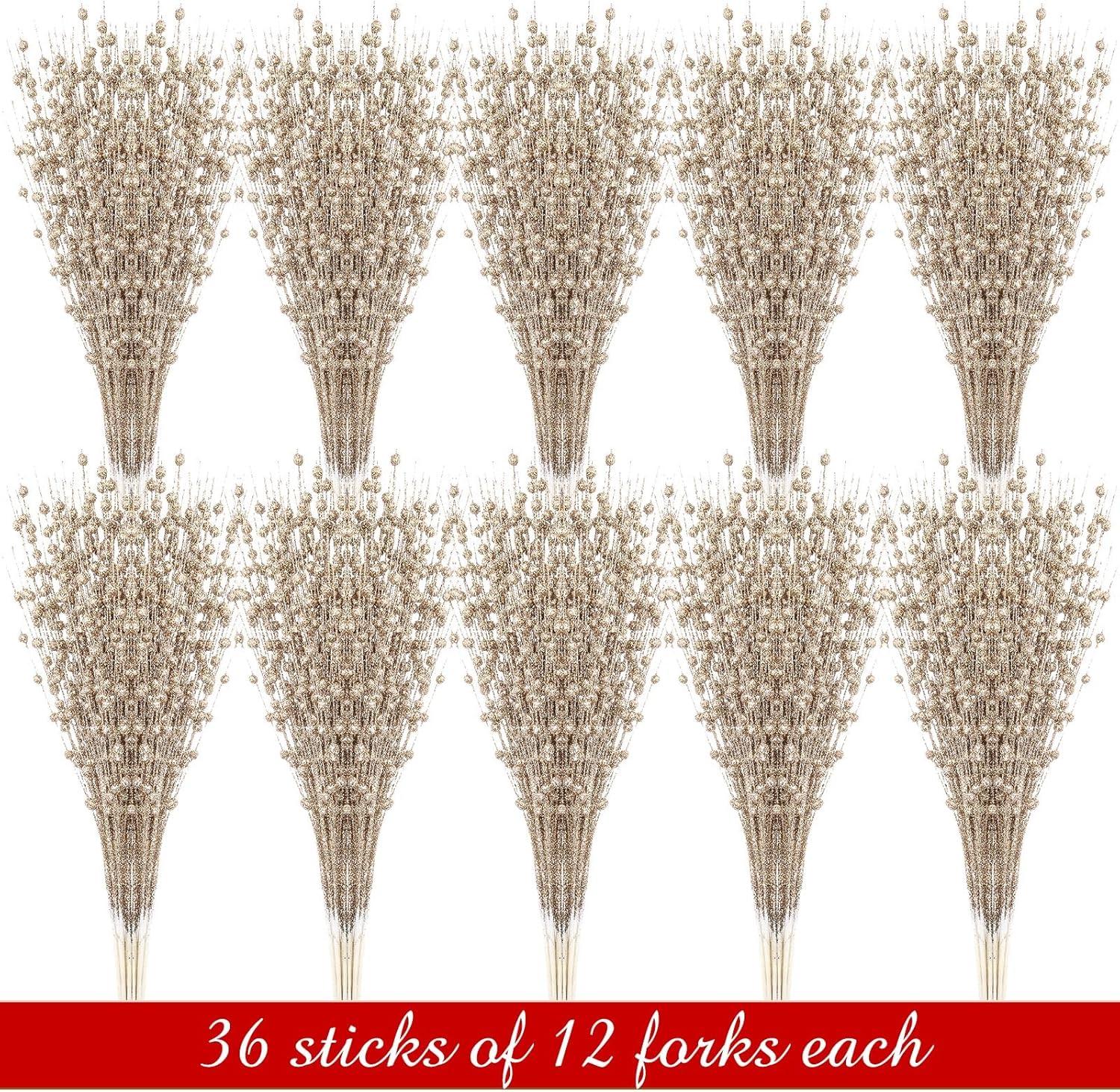 imageGeosar 30 Pcs Christmas Artificial Glitter Berry Stem Decorations 17 Inch Faux Stick Floral Pick Centerpiece Bouquet Flower Bead Twigs for Centerpiece Tree Wreath Xmas Ornaments HomeBurgundyChampagne Gold