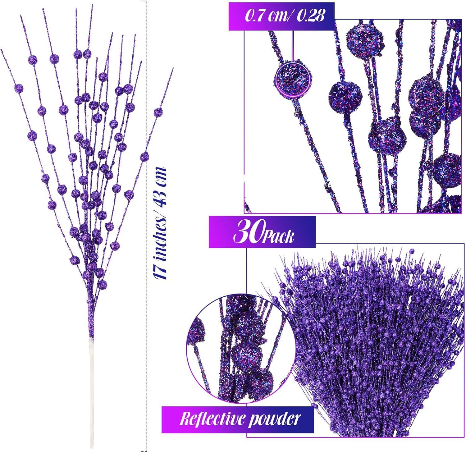 imageGeosar 30 Pcs Christmas Artificial Glitter Berry Stem Decorations 17 Inch Faux Stick Floral Pick Centerpiece Bouquet Flower Bead Twigs for Centerpiece Tree Wreath Xmas Ornaments HomeBurgundyPurple
