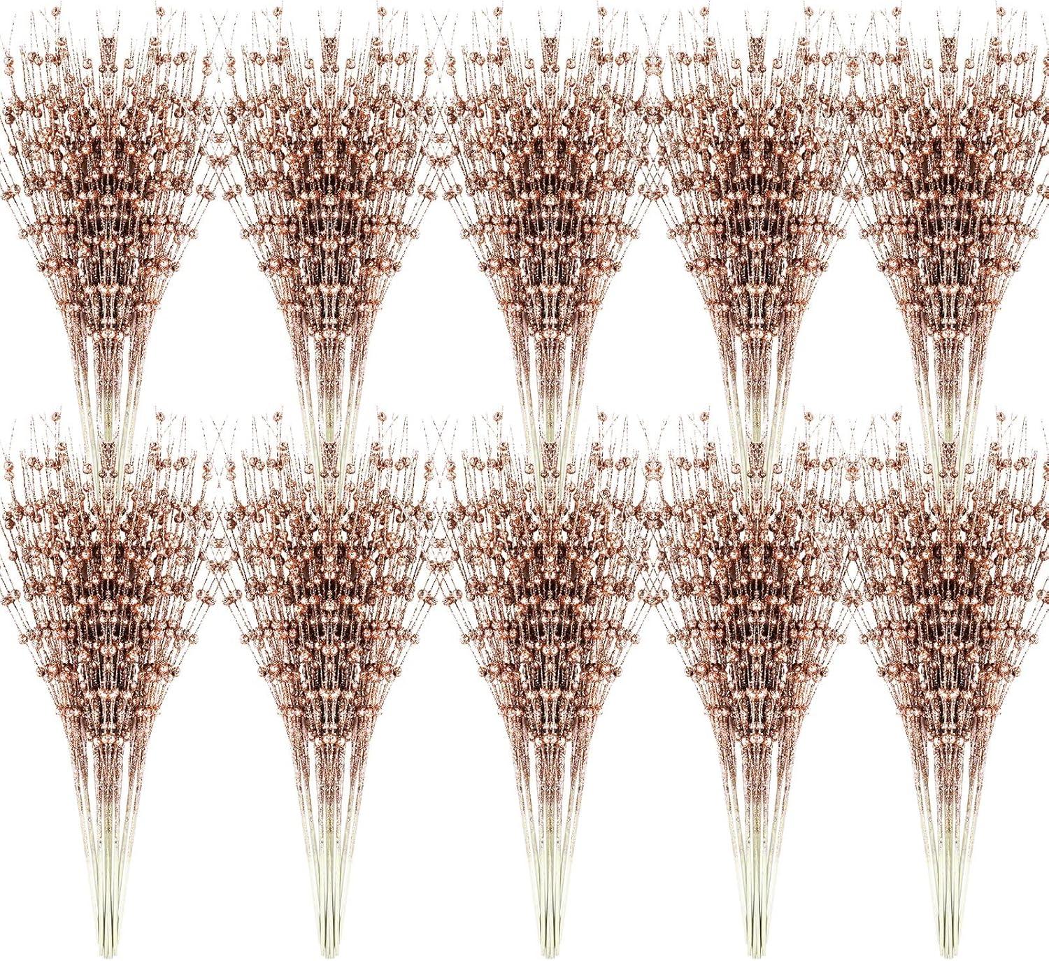 imageGeosar 30 Pcs Christmas Artificial Glitter Berry Stem Decorations 17 Inch Faux Stick Floral Pick Centerpiece Bouquet Flower Bead Twigs for Centerpiece Tree Wreath Xmas Ornaments HomeBurgundyRose Gold